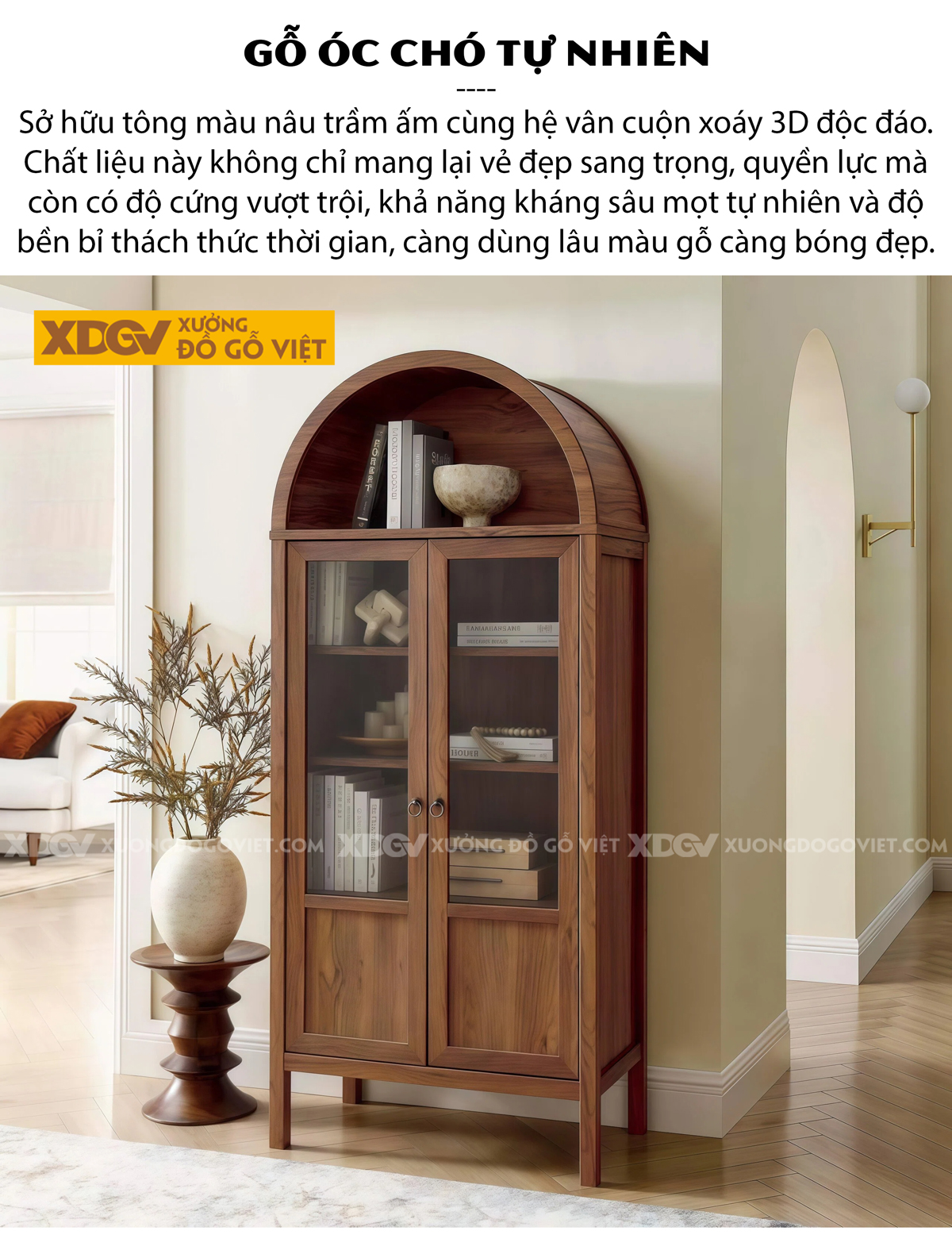 Tủ Để Sách Gỗ Óc Chó Phối Cánh Kính Kèm Tay Nắm Âm Tinh Tế