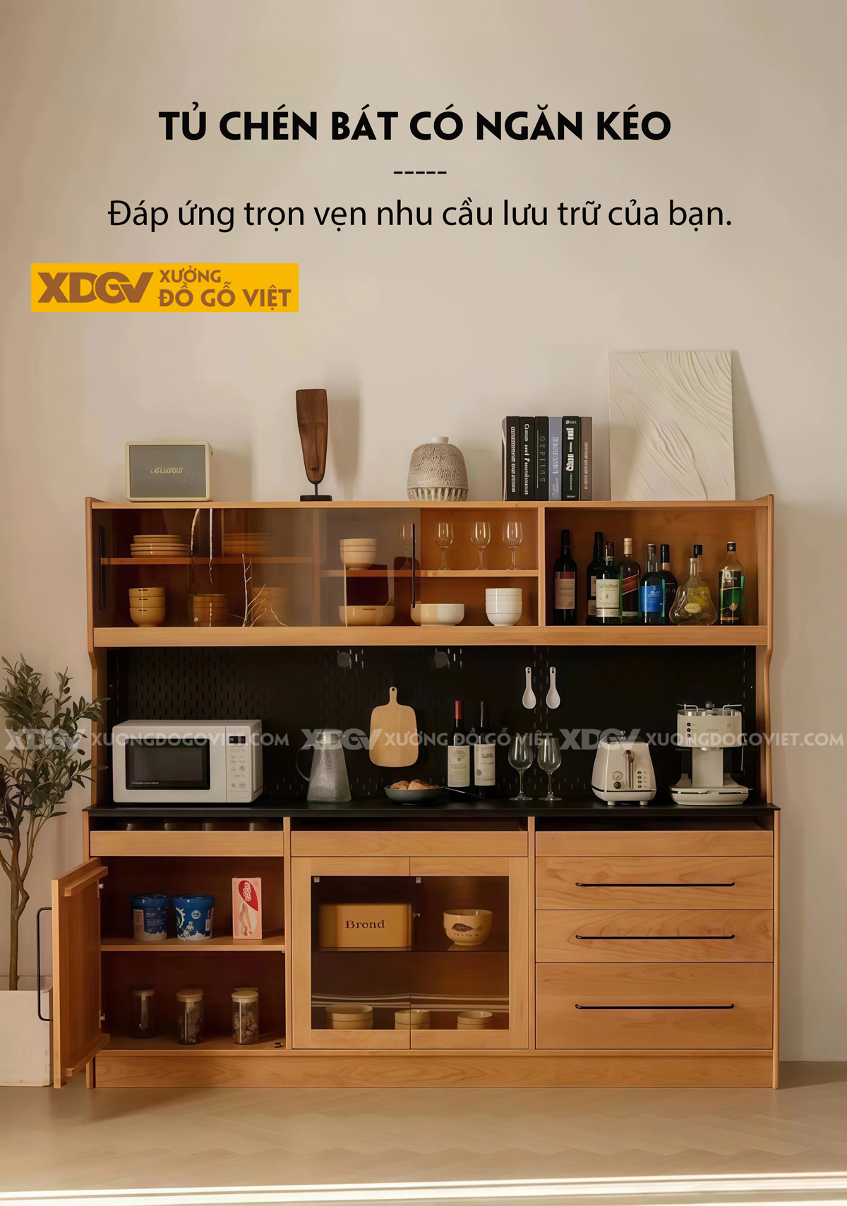 Tủ Đựng Chén Bát Gỗ Sồi Chân Bệt Kèm Bảng Lỗ Treo Tiện Lợi