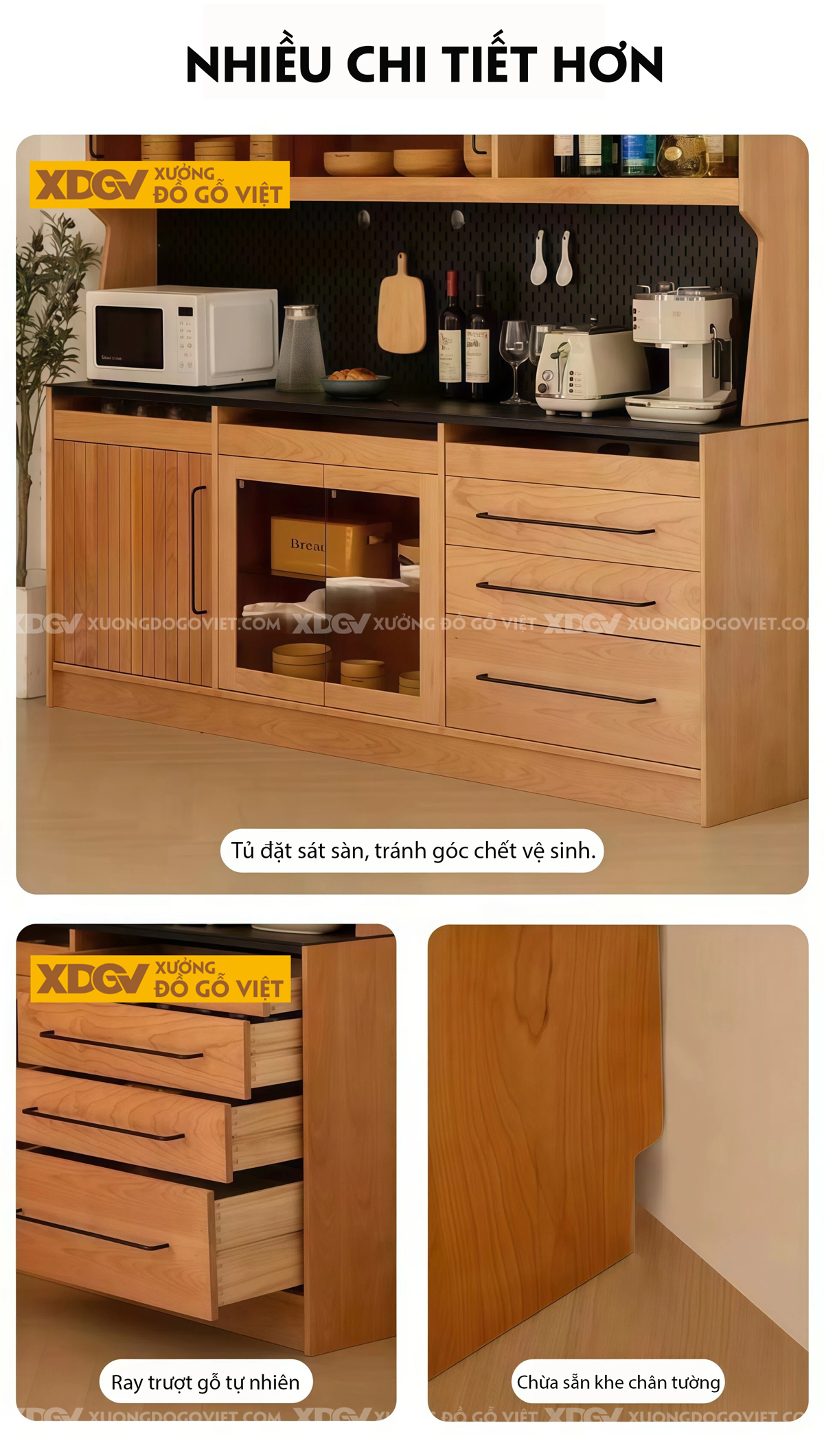 Tủ Đựng Chén Bát Gỗ Sồi Chân Bệt Kèm Bảng Lỗ Treo Tiện Lợi