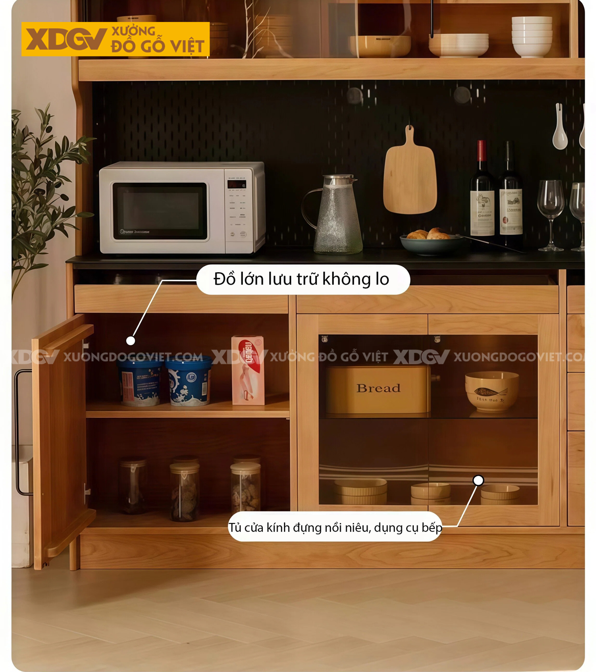 Tủ Đựng Chén Bát Gỗ Sồi Chân Bệt Kèm Bảng Lỗ Treo Tiện Lợi