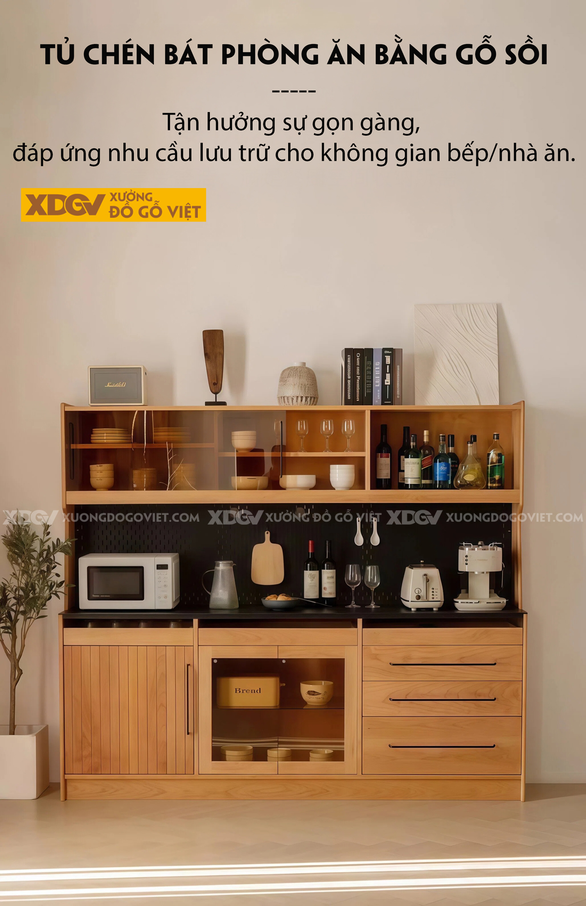 Tủ Đựng Chén Bát Gỗ Sồi Chân Bệt Kèm Bảng Lỗ Treo Tiện Lợi
