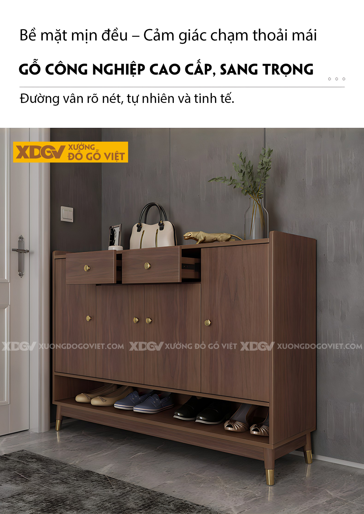 Tủ Đựng Giày Gỗ MDF 4 Cánh Chân Thấp Có Ngăn Hở Dưới