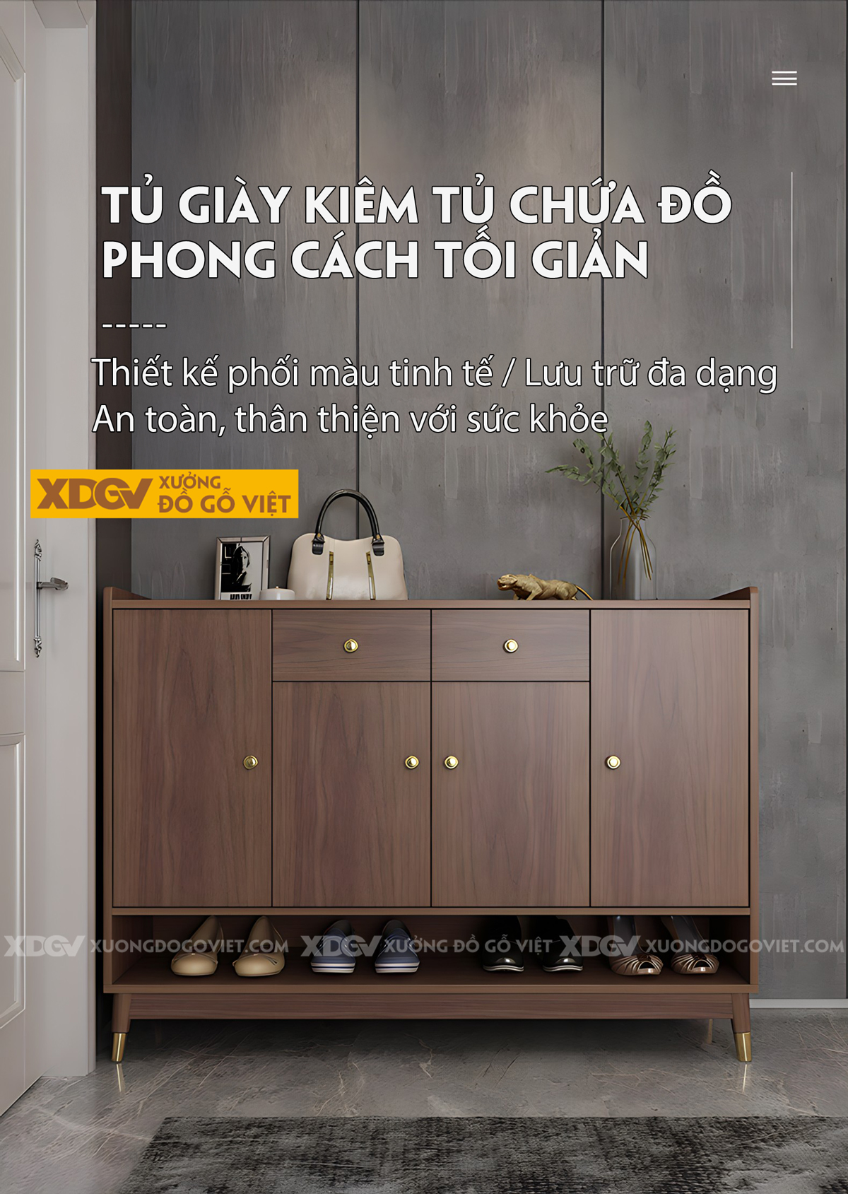 Tủ Đựng Giày Gỗ MDF 4 Cánh Chân Thấp Có Ngăn Hở Dưới