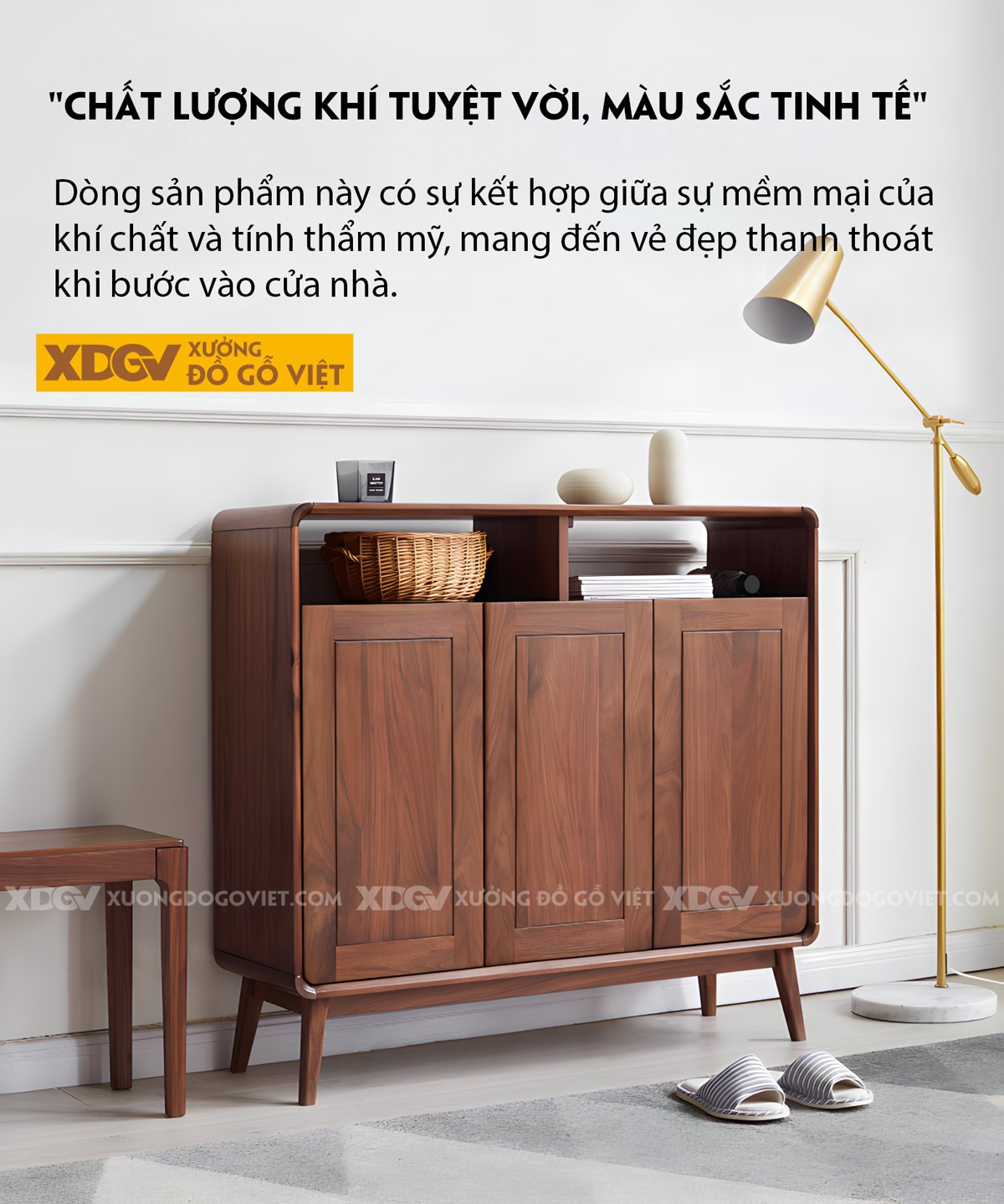 Tủ Đựng Giày Óc Chó Bo Tròn Góc Cánh Pano Vân Gỗ Tự Nhiên