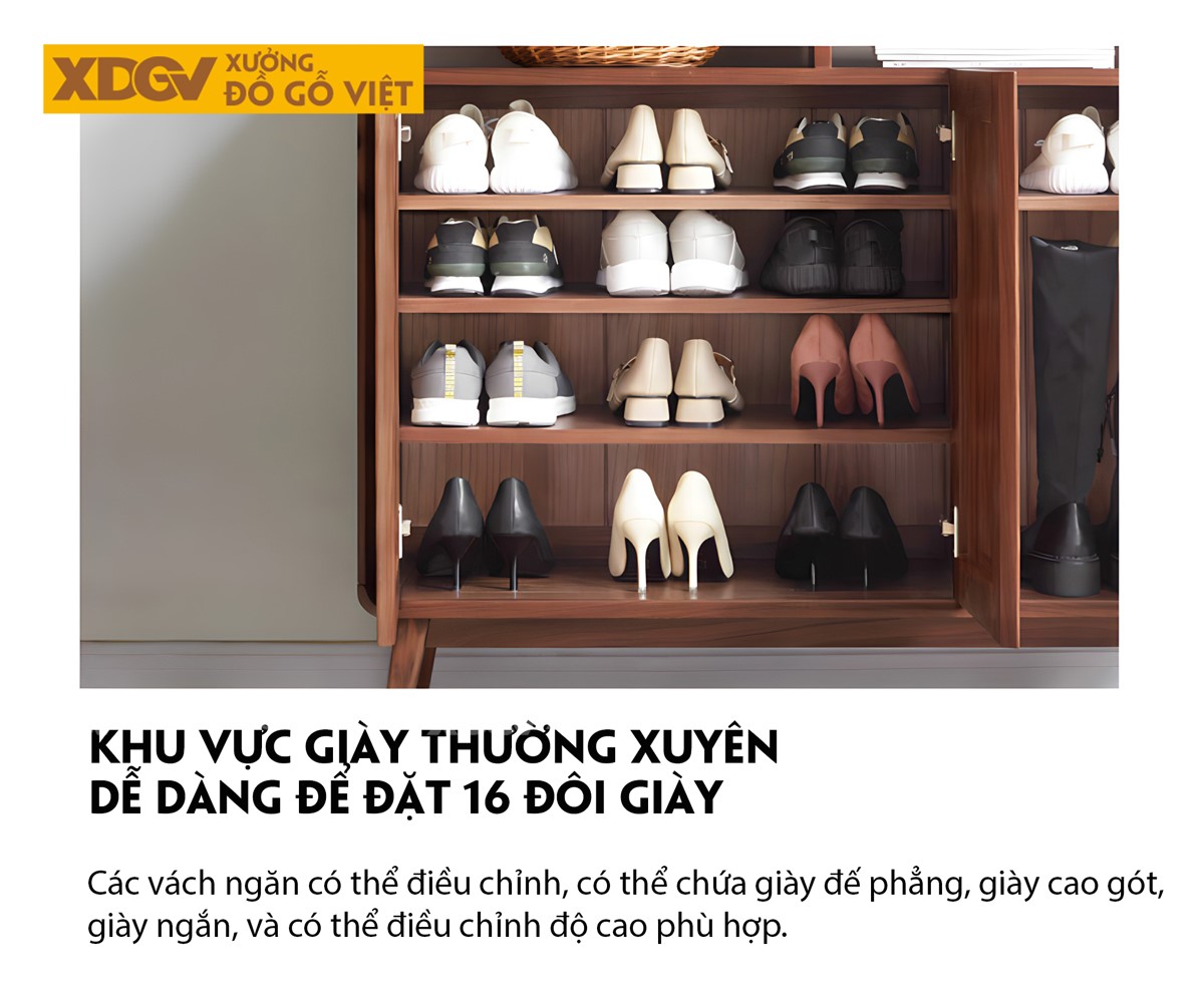 Tủ Đựng Giày Óc Chó Bo Tròn Góc Cánh Pano Vân Gỗ Tự Nhiên