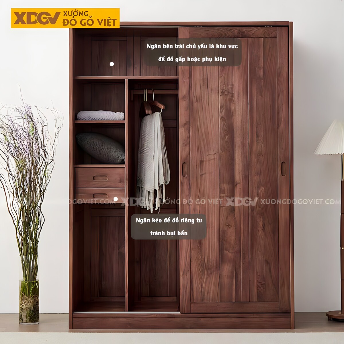 Tủ Đựng Quần Áo Gỗ Óc Chó 2 Cánh Trượt Mặt Nan Ghép Kín