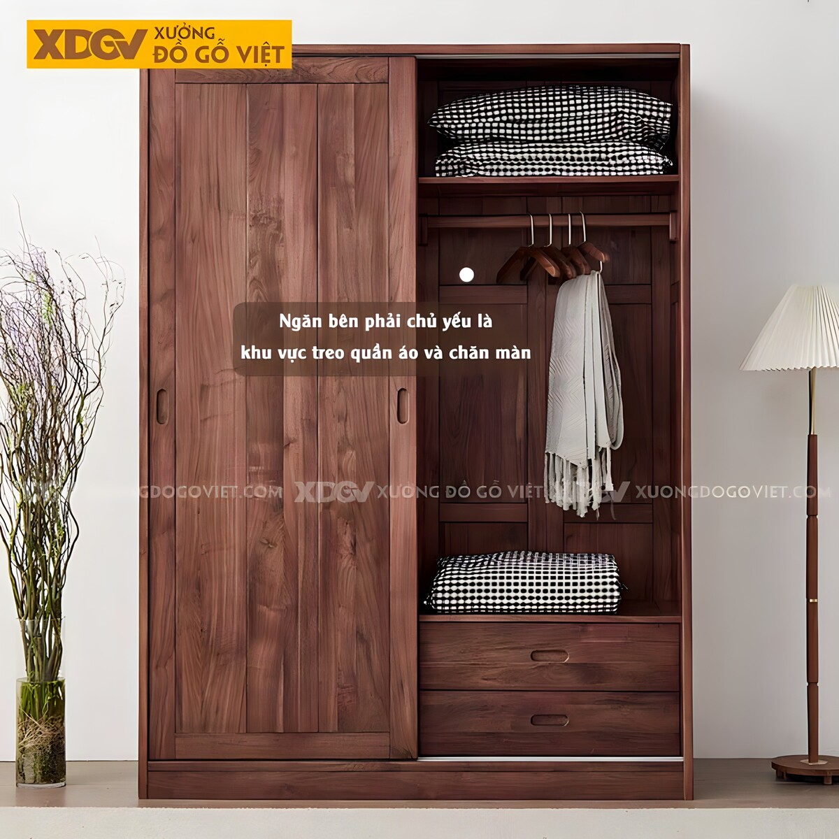 Tủ Đựng Quần Áo Gỗ Óc Chó 2 Cánh Trượt Mặt Nan Ghép Kín