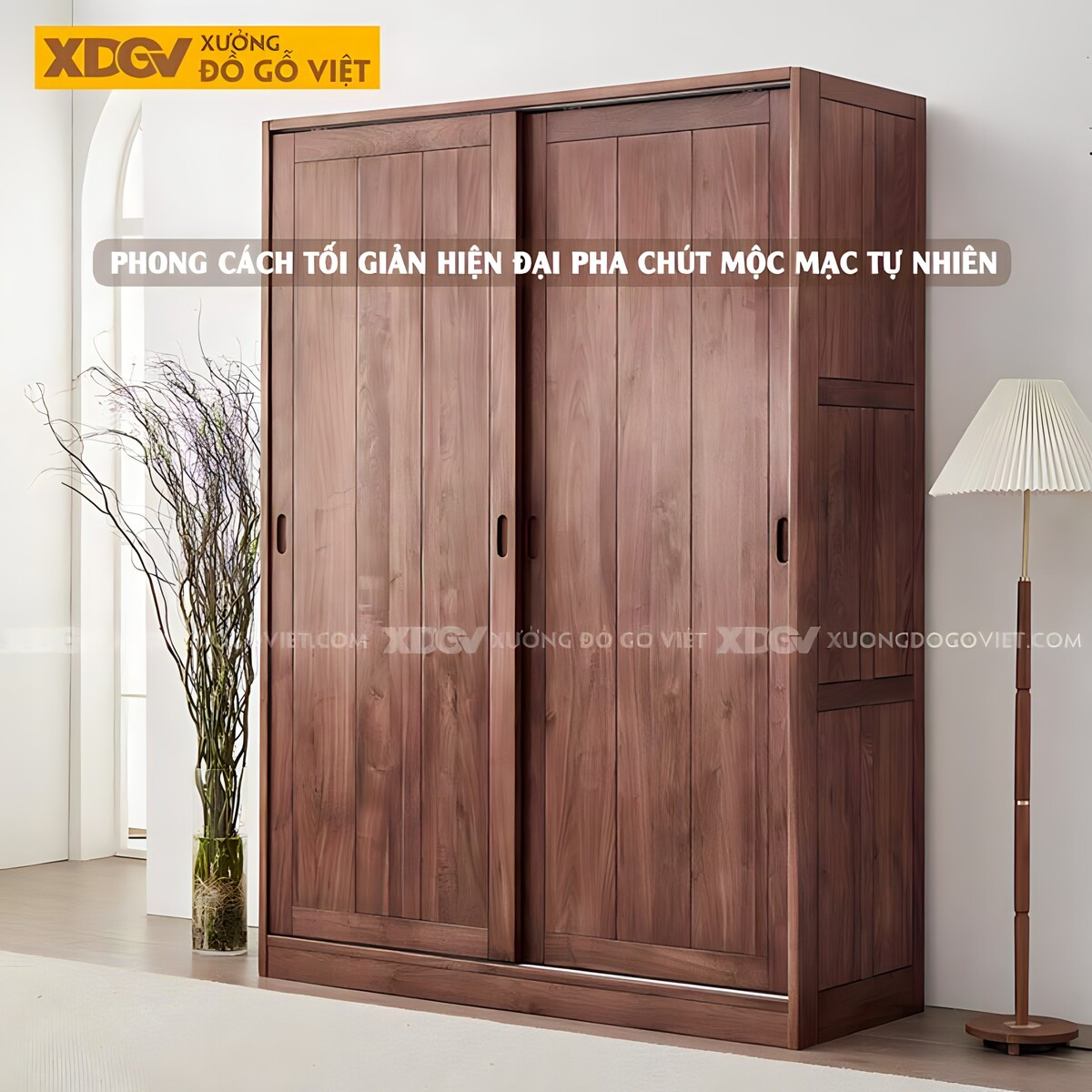 Tủ Đựng Quần Áo Gỗ Óc Chó 2 Cánh Trượt Mặt Nan Ghép Kín