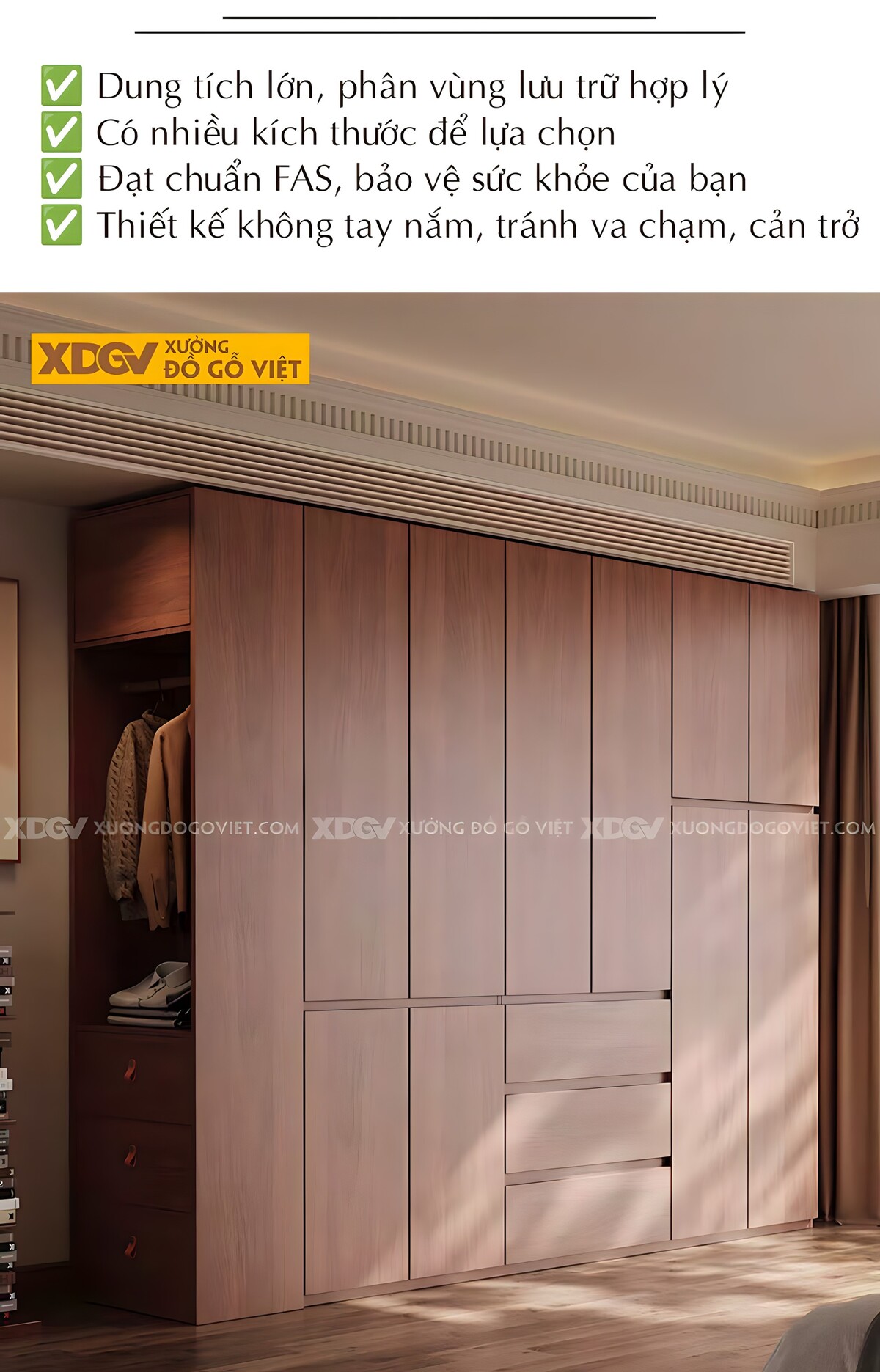 Tủ Đựng Quần Áo Veneer Óc Chó Kịch Trần Hiện Đại Sang Trọng