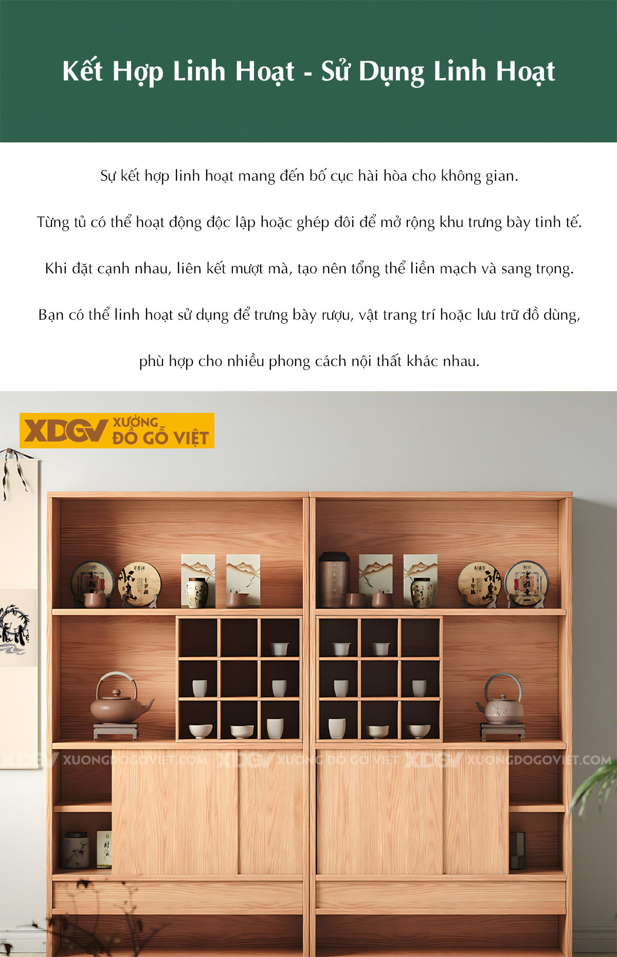 Tủ Đựng Rượu Gỗ Sồi Kệ Chia Ngăn Hộc Vuông 2 Cánh Lùa Dưới