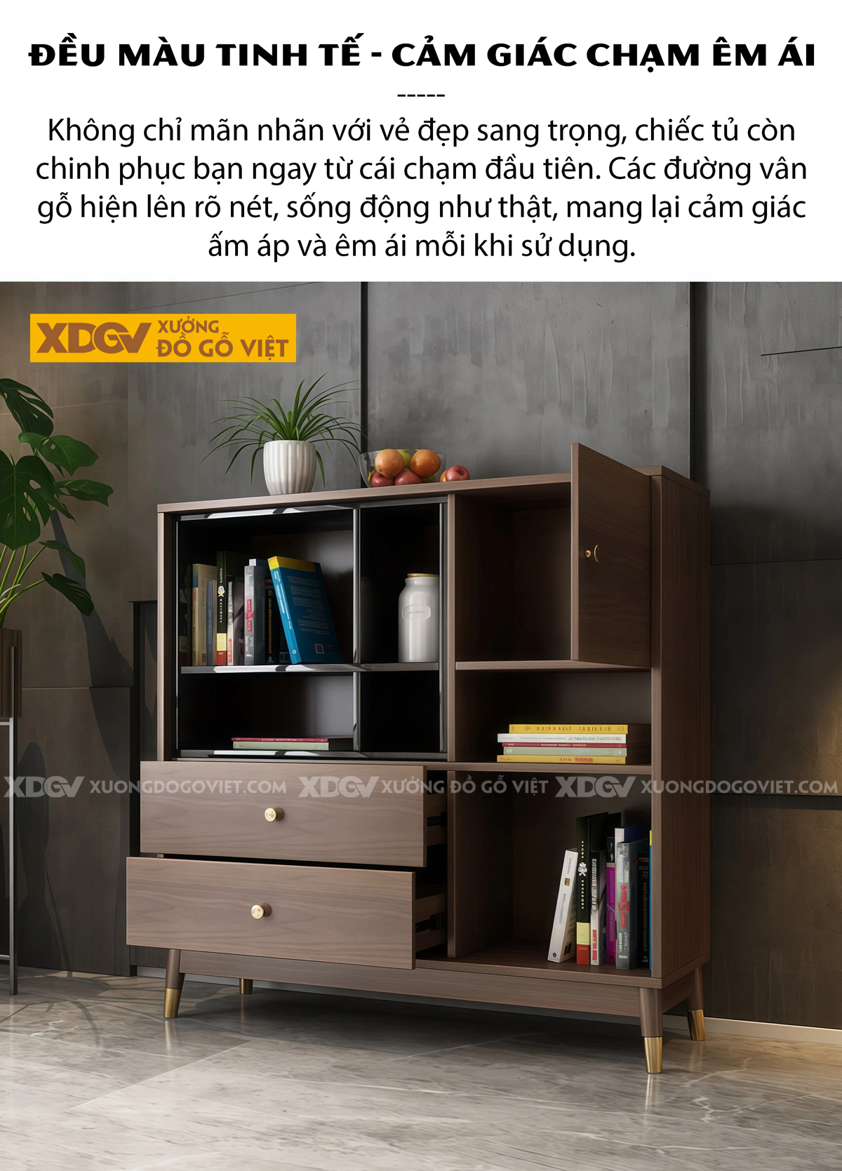 Tủ Đựng Sách Gỗ MDF Bố Cục Đa Ngăn Lưu Trữ Phối Kèm Chân Côn