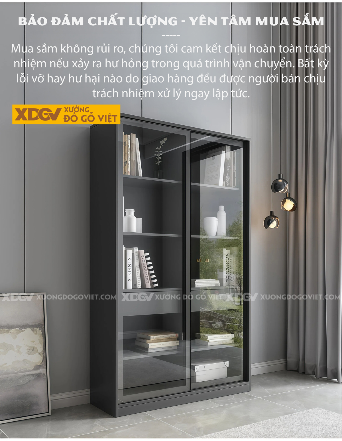 Tủ Đựng Sách Văn Phòng Gỗ MDF Chân Côn Bọc Kim Kèm Cánh Kính