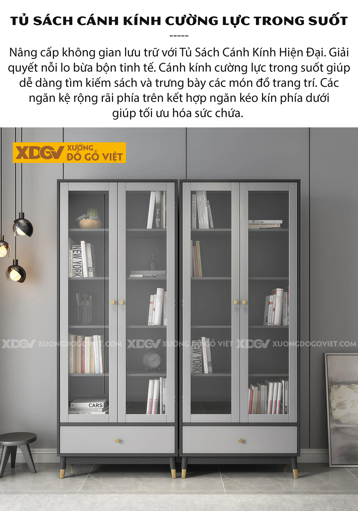 Tủ Đựng Sách Văn Phòng Gỗ MDF Chân Côn Bọc Kim Kèm Cánh Kính