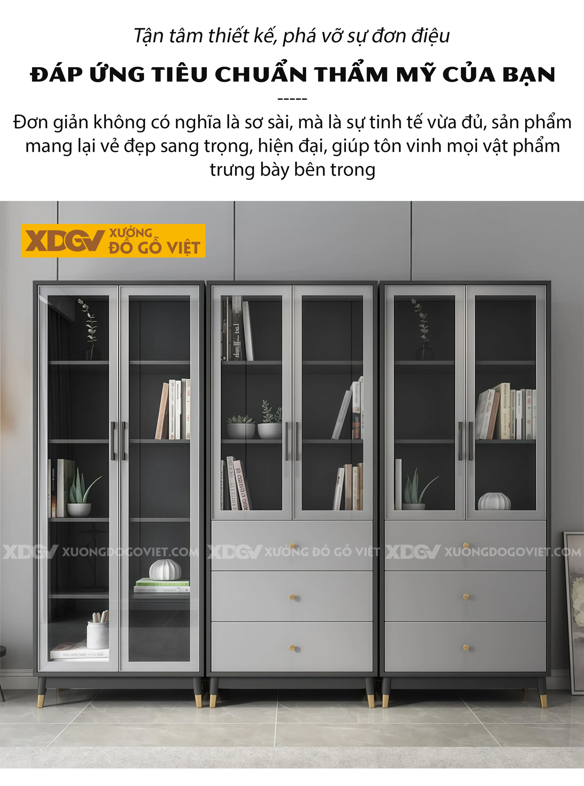 Tủ Đựng Sách Văn Phòng Gỗ MDF Chân Côn Bọc Kim Kèm Cánh Kính