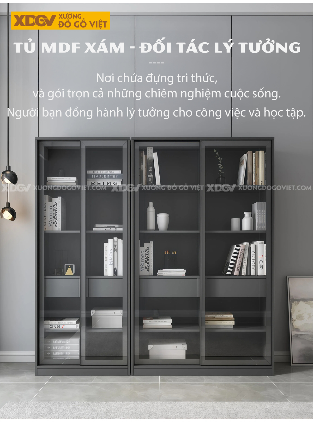 Tủ Đựng Sách Văn Phòng Gỗ MDF Chân Côn Bọc Kim Kèm Cánh Kính