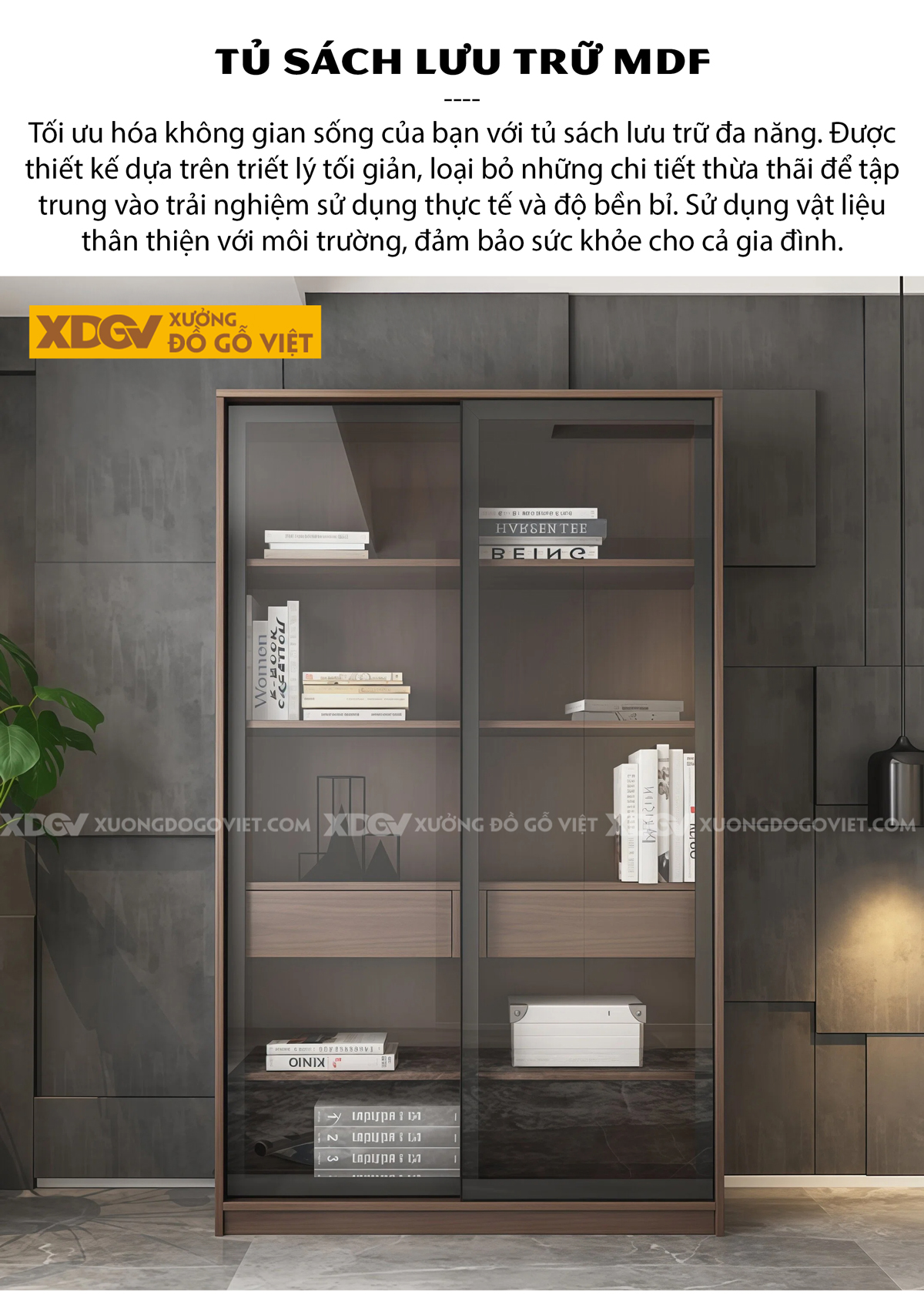 Tủ Đựng Sách Văn Phòng Gỗ MDF Chân Côn Bọc Kim Kèm Cánh Kính