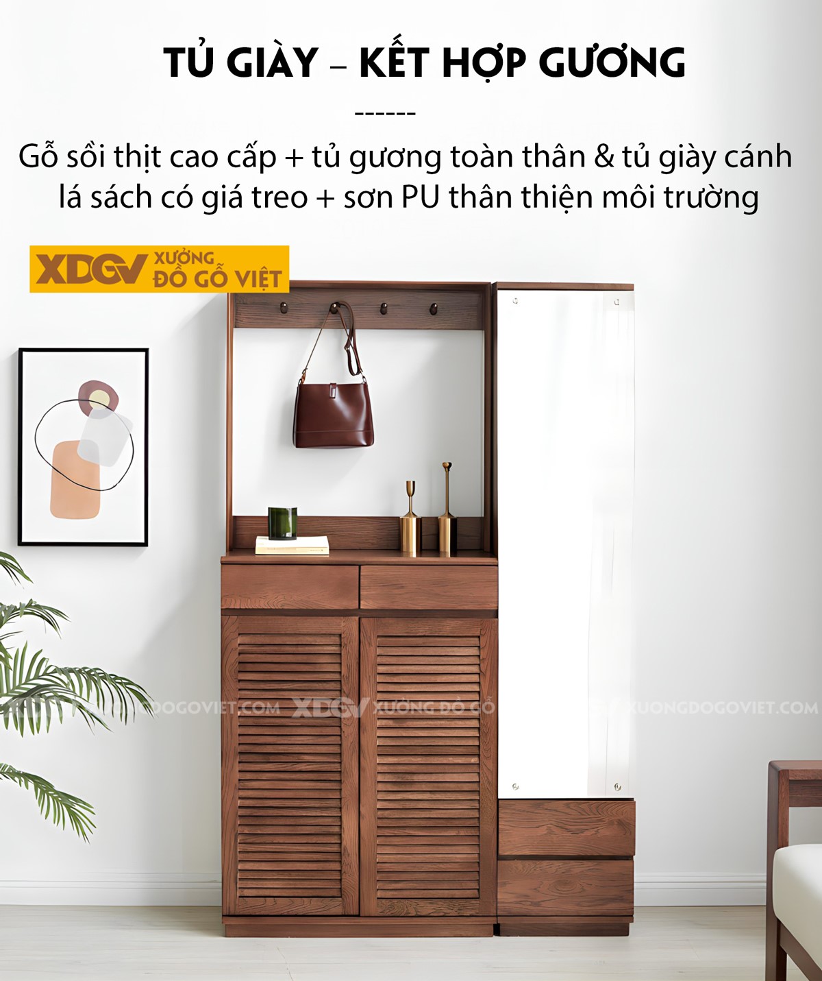 Tủ Giày 2 Cánh Lá Sách Gỗ Sồi Tích Hợp Móc Treo Gương Soi