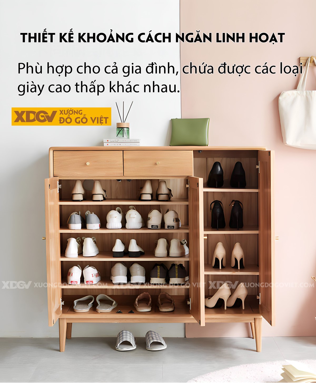 Tủ Giày 3 Cánh Gỗ Sồi Góc Vát Cạnh Tích Hợp Ngăn Kéo Trên