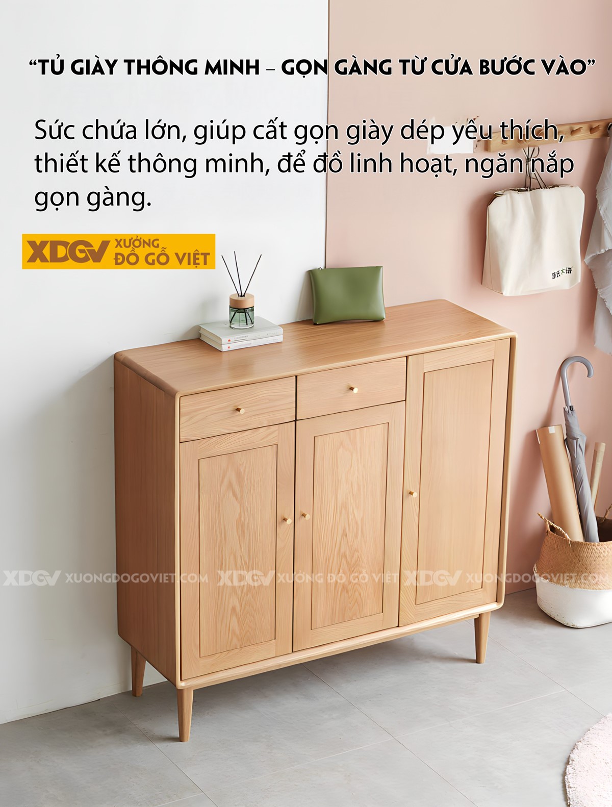 Tủ Giày 3 Cánh Gỗ Sồi Góc Vát Cạnh Tích Hợp Ngăn Kéo Trên