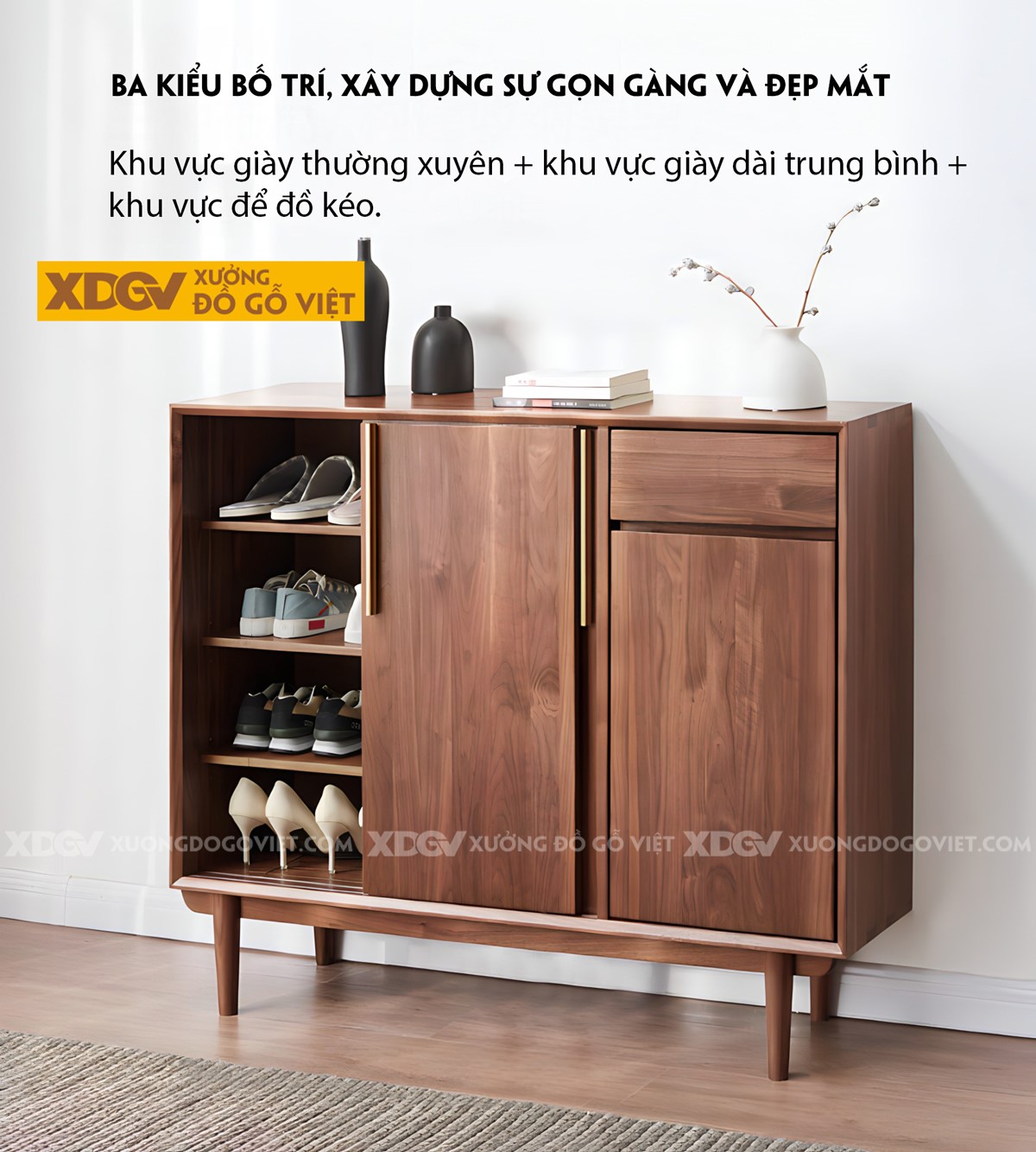 Tủ Giày Dép Gỗ Óc Chó Chân Cao Cánh Trượt Kết Hợp Ngăn Kéo