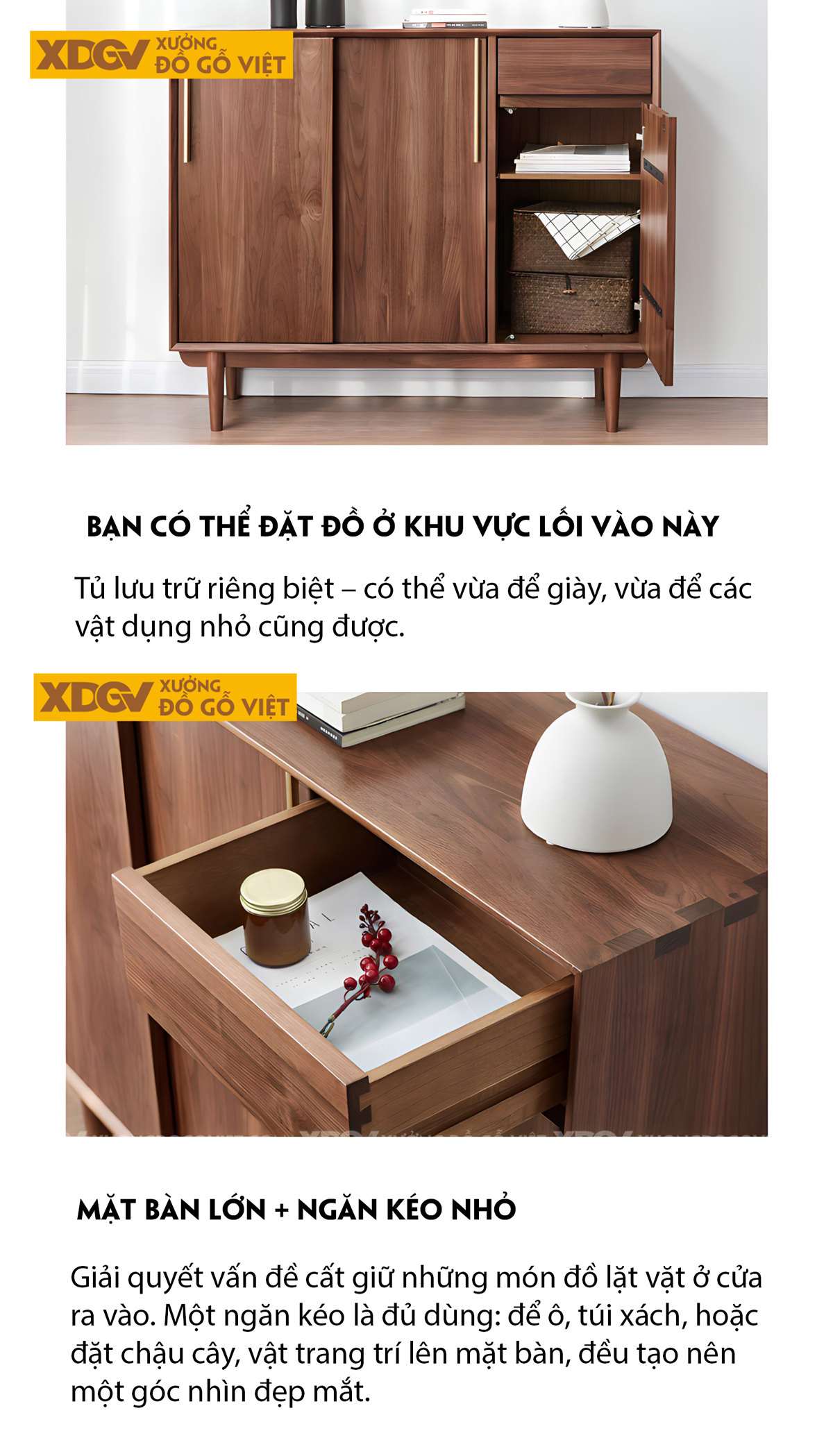 Tủ Giày Dép Gỗ Óc Chó Chân Cao Cánh Trượt Kết Hợp Ngăn Kéo