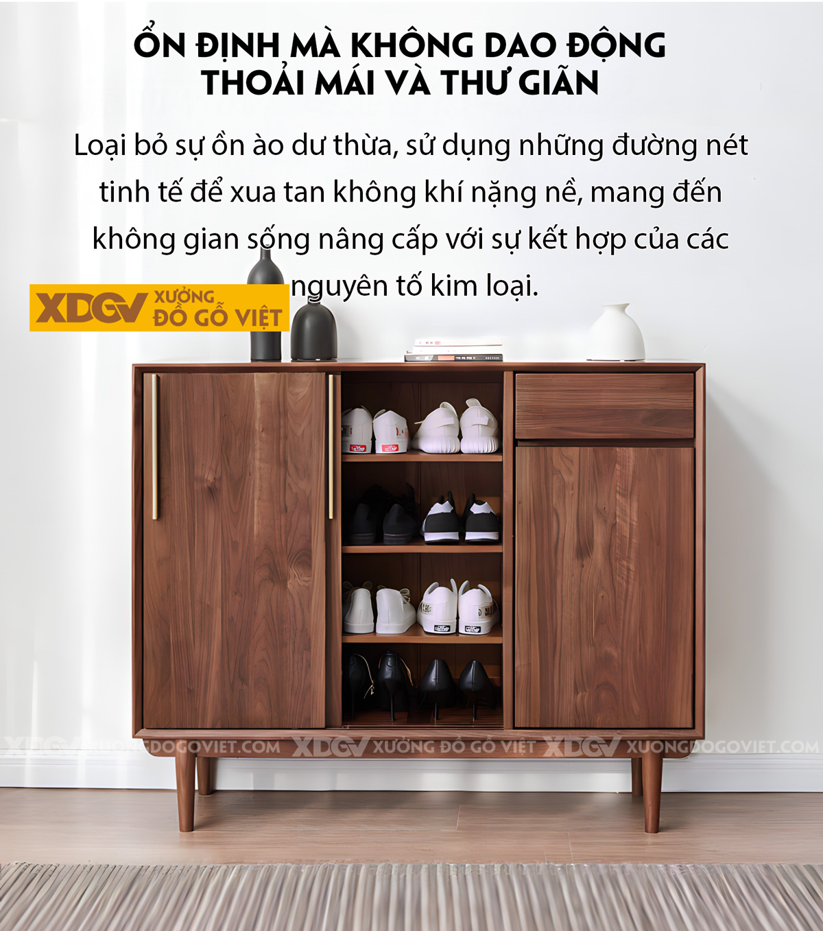 Tủ Giày Dép Gỗ Óc Chó Chân Cao Cánh Trượt Kết Hợp Ngăn Kéo