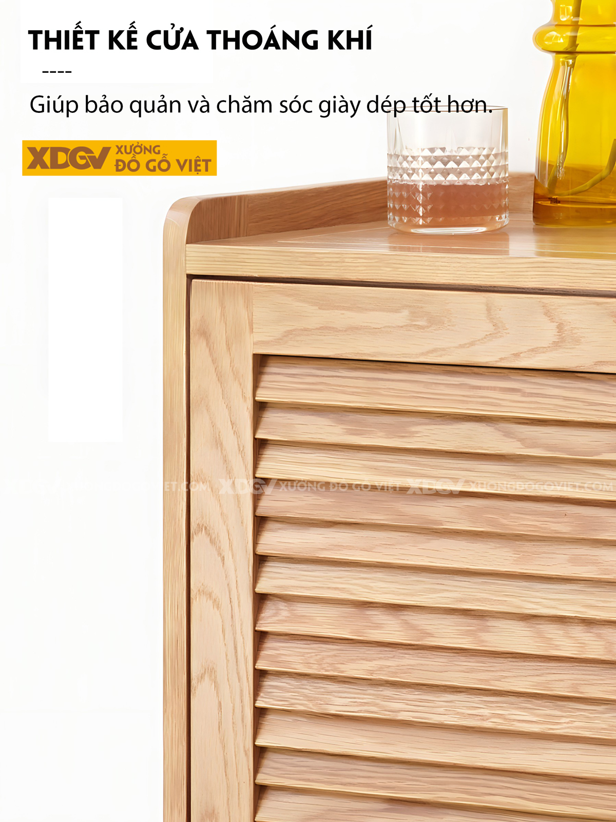 Tủ Giày Dép Gỗ Sồi 4 Cánh Lá Sách Chân Cao 2 Ngăn Kéo Trên