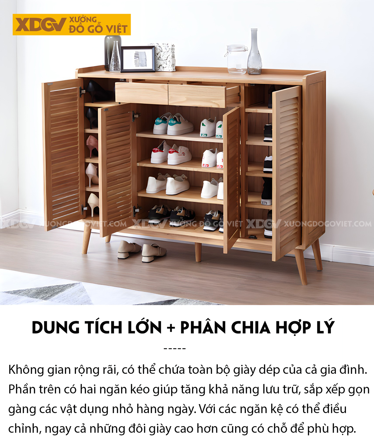 Tủ Giày Dép Gỗ Sồi 4 Cánh Lá Sách Chân Cao 2 Ngăn Kéo Trên