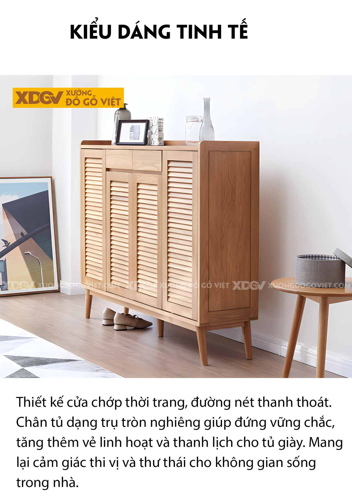 Tủ Giày Dép Gỗ Sồi 4 Cánh Lá Sách Chân Cao 2 Ngăn Kéo Trên