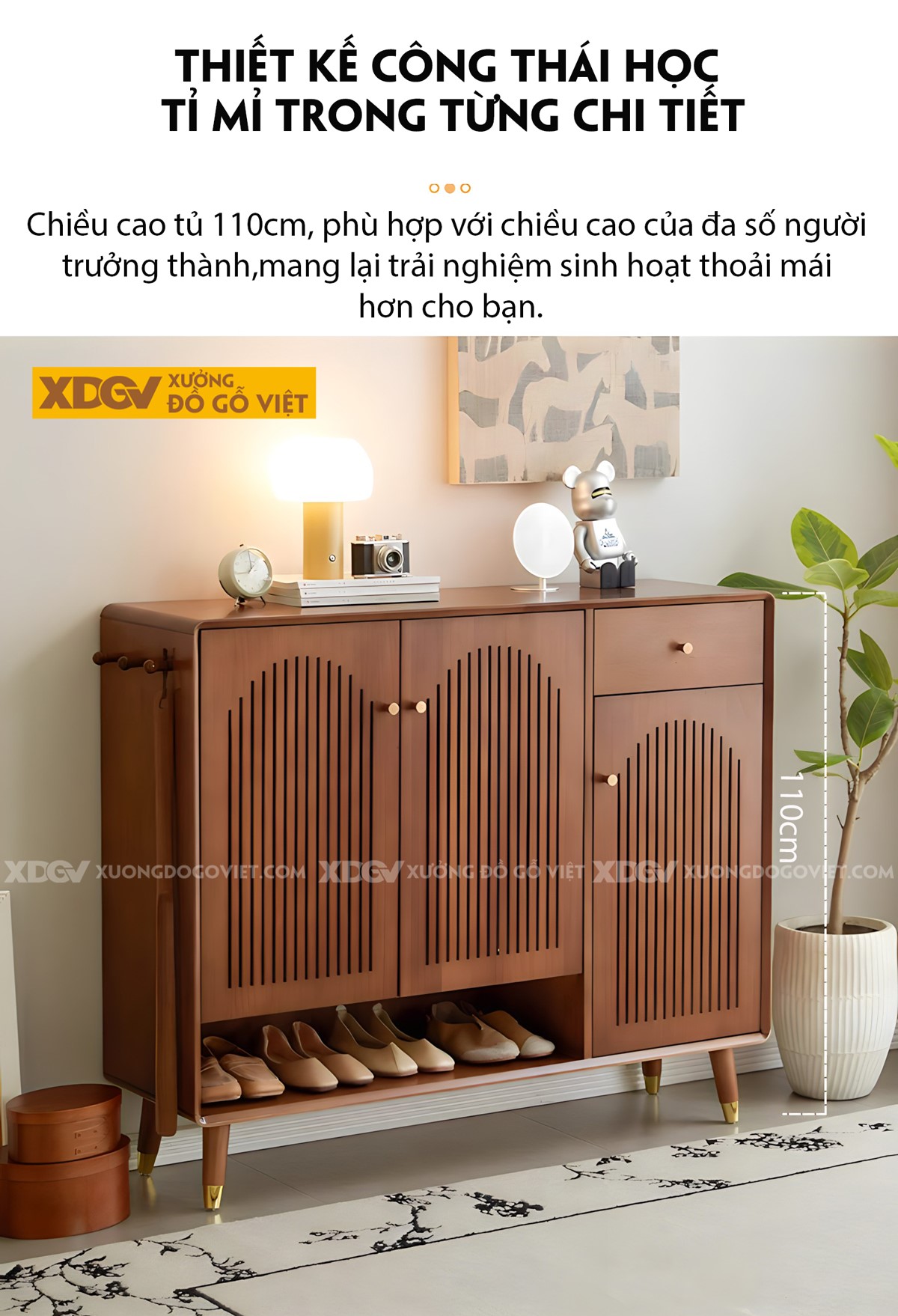 Tủ Giày Dép Gỗ Sồi Mỹ Cánh Nan Dọc Cong Vòm Chân Cao