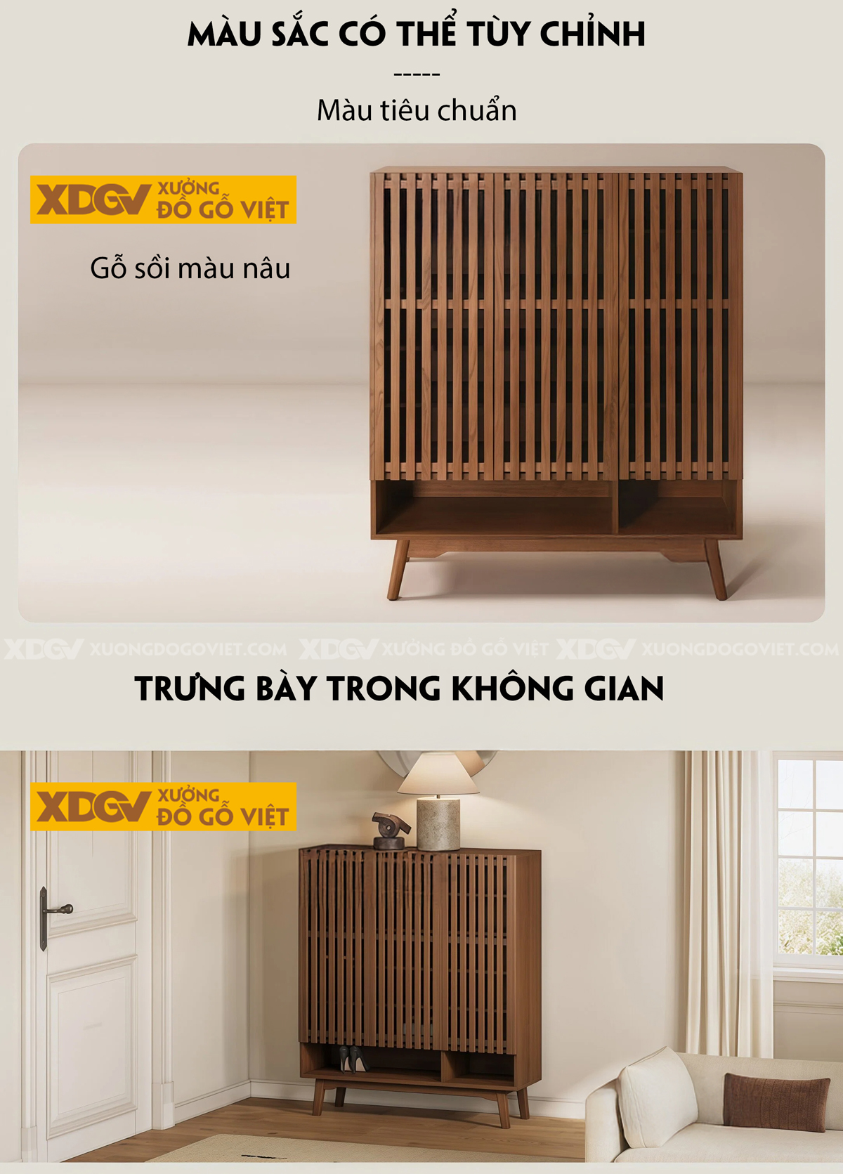 Tủ Giày Gỗ Sồi Dáng Vuông Thiết Kế Cánh Nan Siêu Thoáng Khí