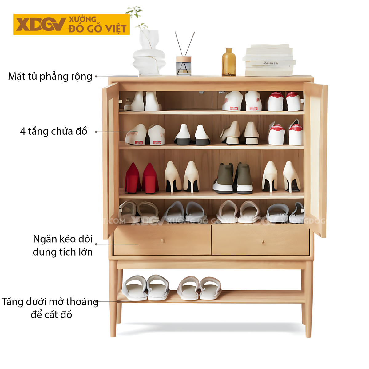 Tủ Giày Gỗ Sồi Mỹ Chân Cao Cánh Đan Mây Có Kệ Hở Đựng Ngoài