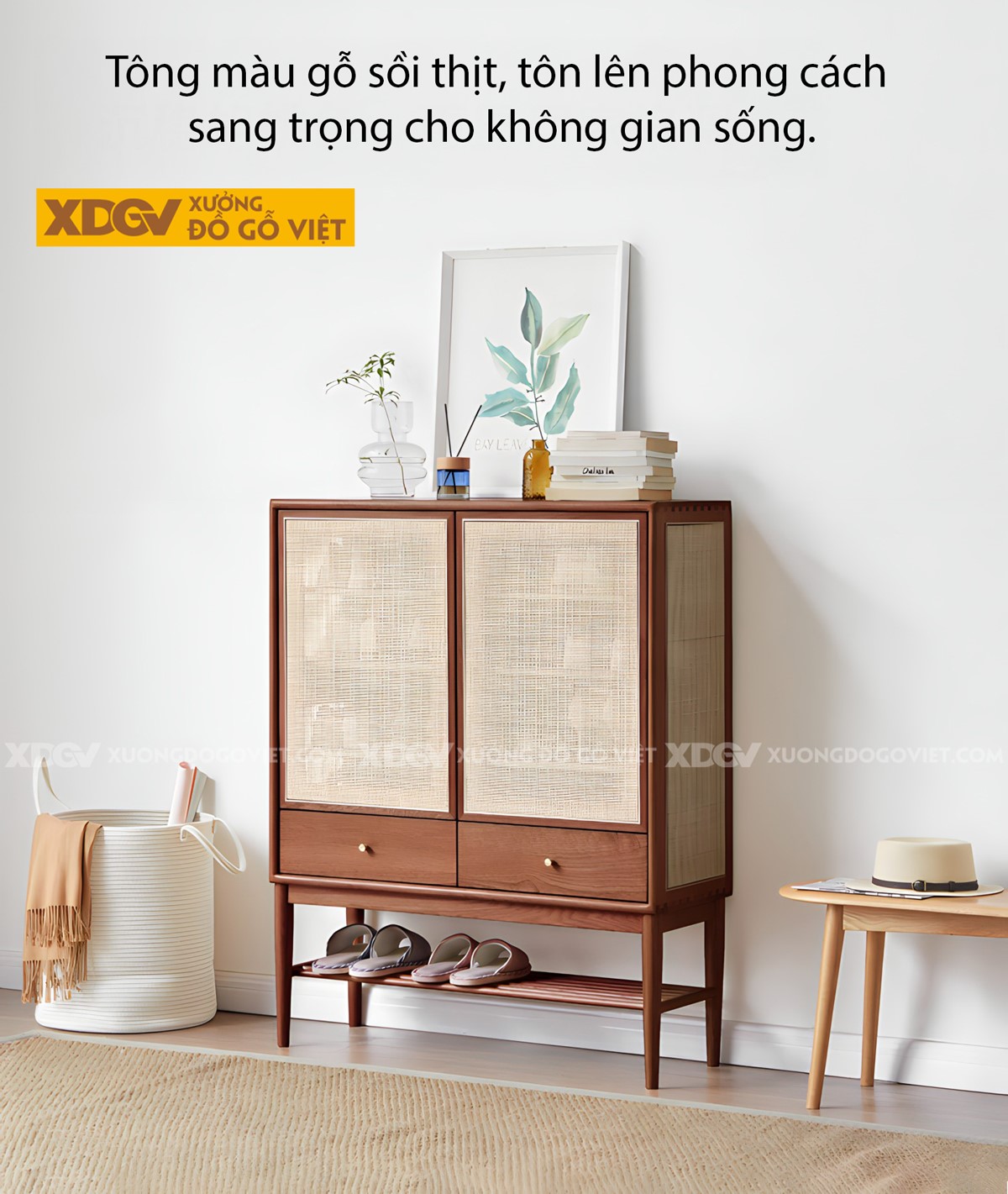 Tủ Giày Gỗ Sồi Mỹ Chân Cao Cánh Đan Mây Có Kệ Hở Đựng Ngoài