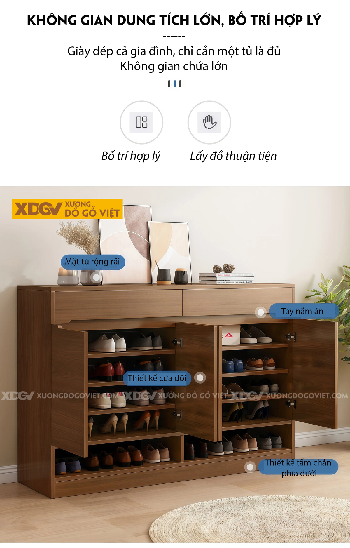 Tủ Giày Gỗ Veneer Sồi Dáng Hộp Vuông Phối Ngăn Kéo Kèm Kệ hở