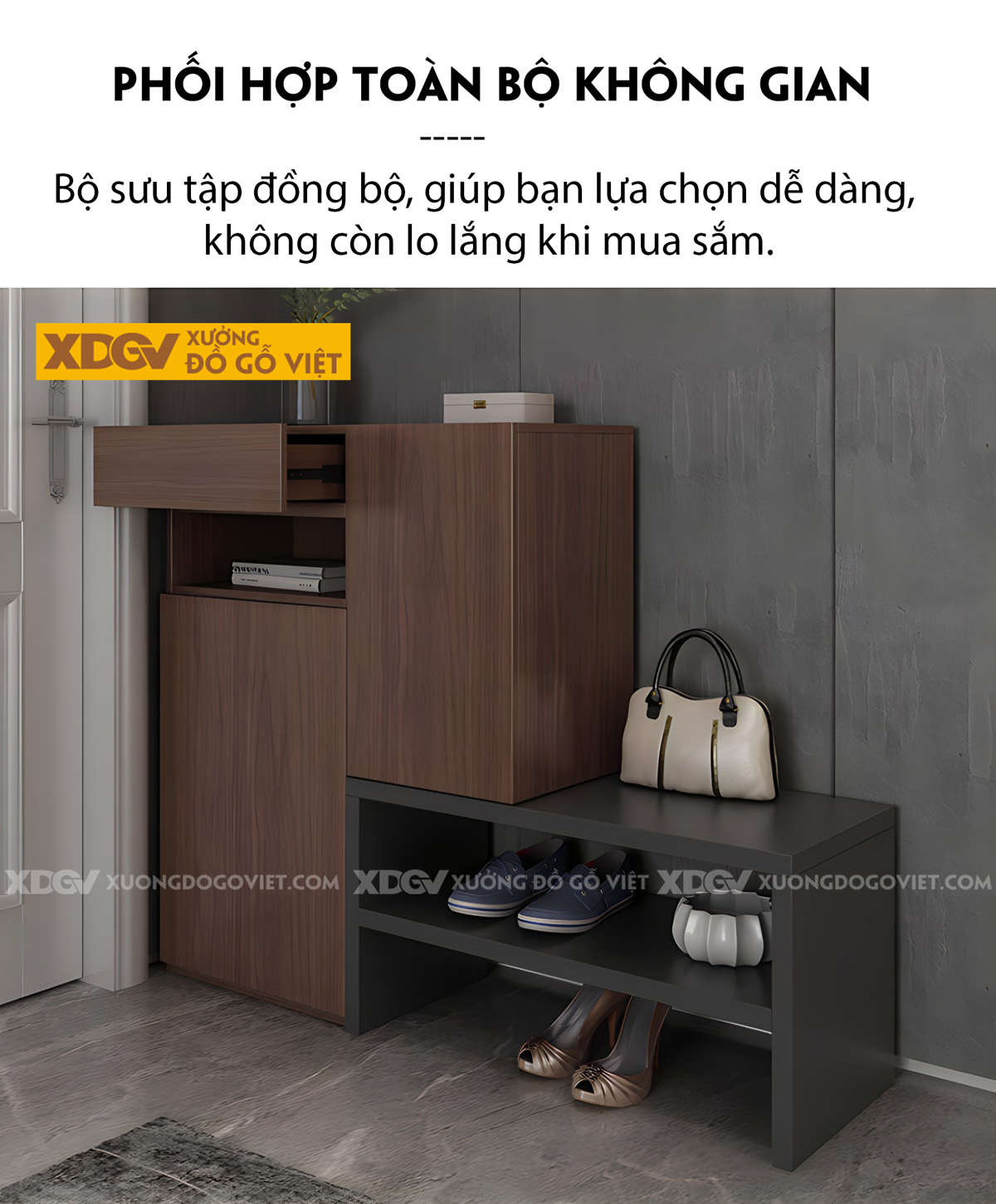 Tủ Giày MDF Công Nghiệp Kết Hợp Kệ Thấp Thay Đổi Linh Hoạt