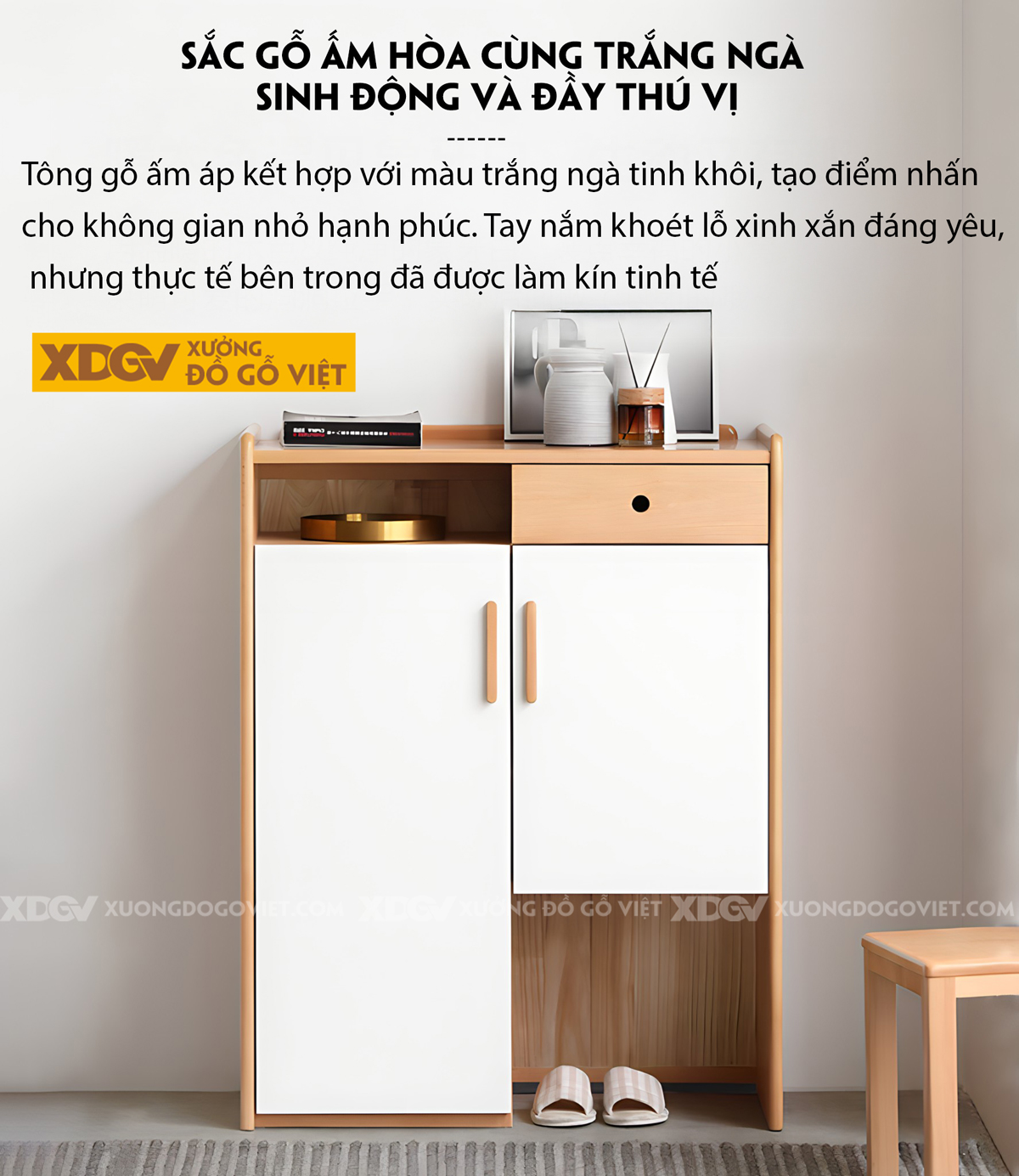 Tủ Gỗ Sồi Mỹ Cánh Sơn Trắng Có Ngăn Chứa Ghế Ngồi Thử Giày