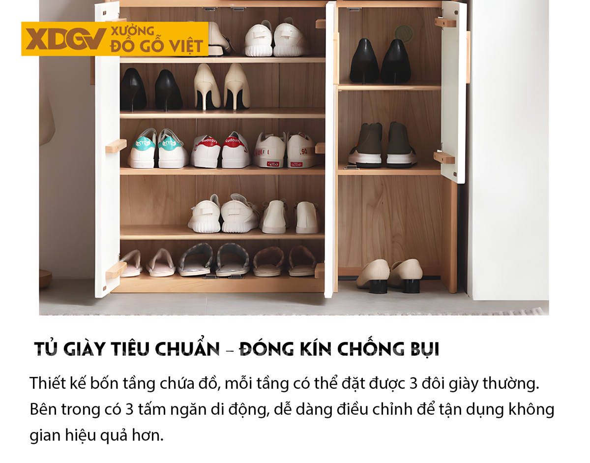 Tủ Gỗ Sồi Mỹ Cánh Sơn Trắng Có Ngăn Chứa Ghế Ngồi Thử Giày