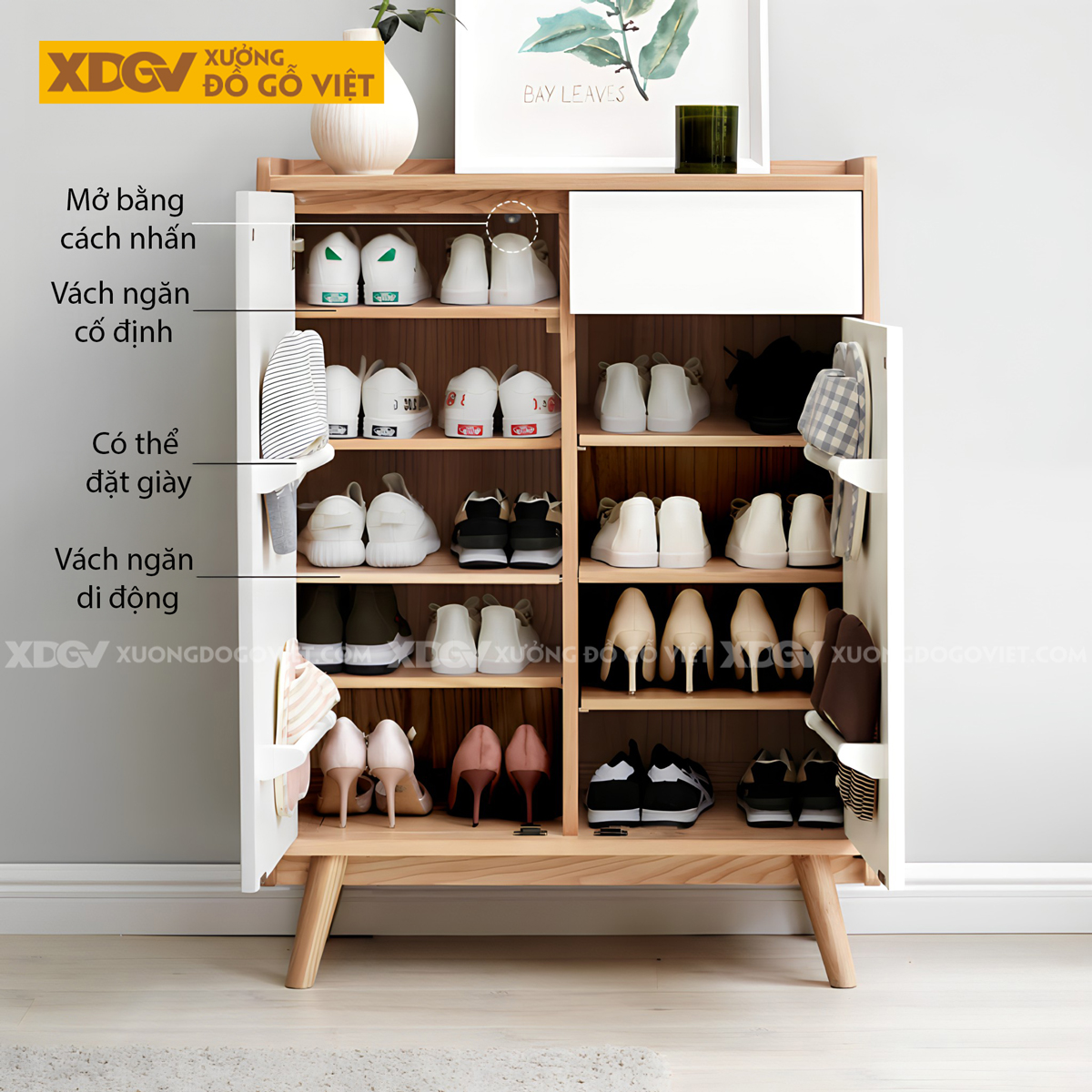 Tủ Gỗ Sồi Tự Nhiên Đựng Giày Dép Cánh Sơn Trắng Hiện Đại