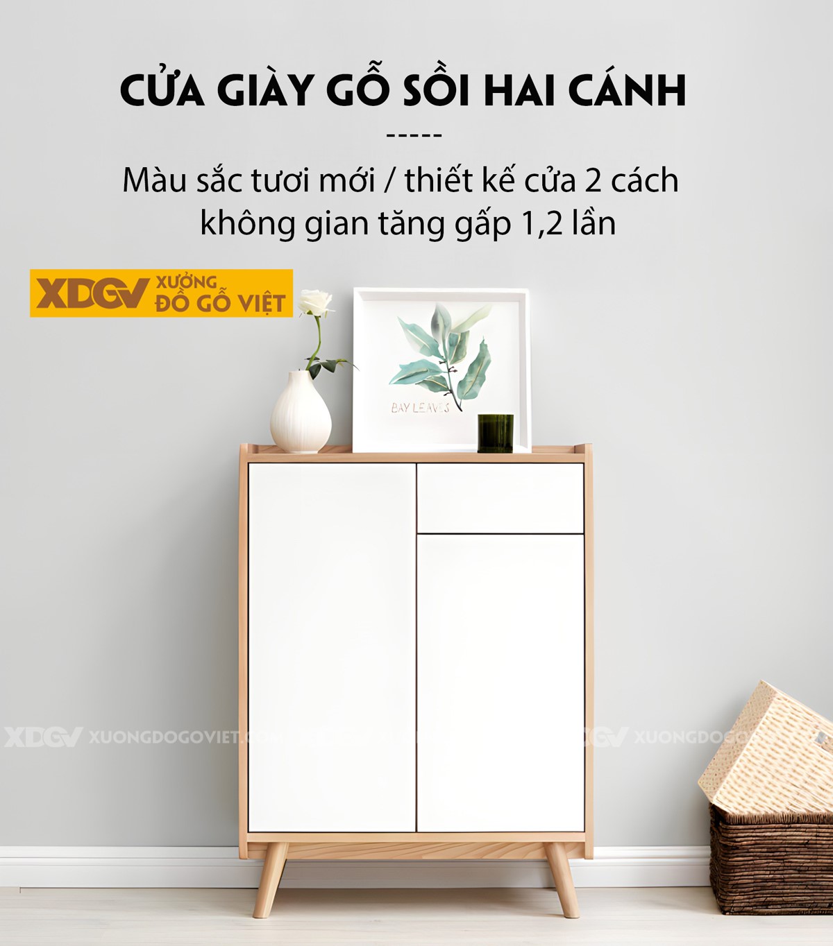 Tủ Gỗ Sồi Tự Nhiên Đựng Giày Dép Cánh Sơn Trắng Hiện Đại