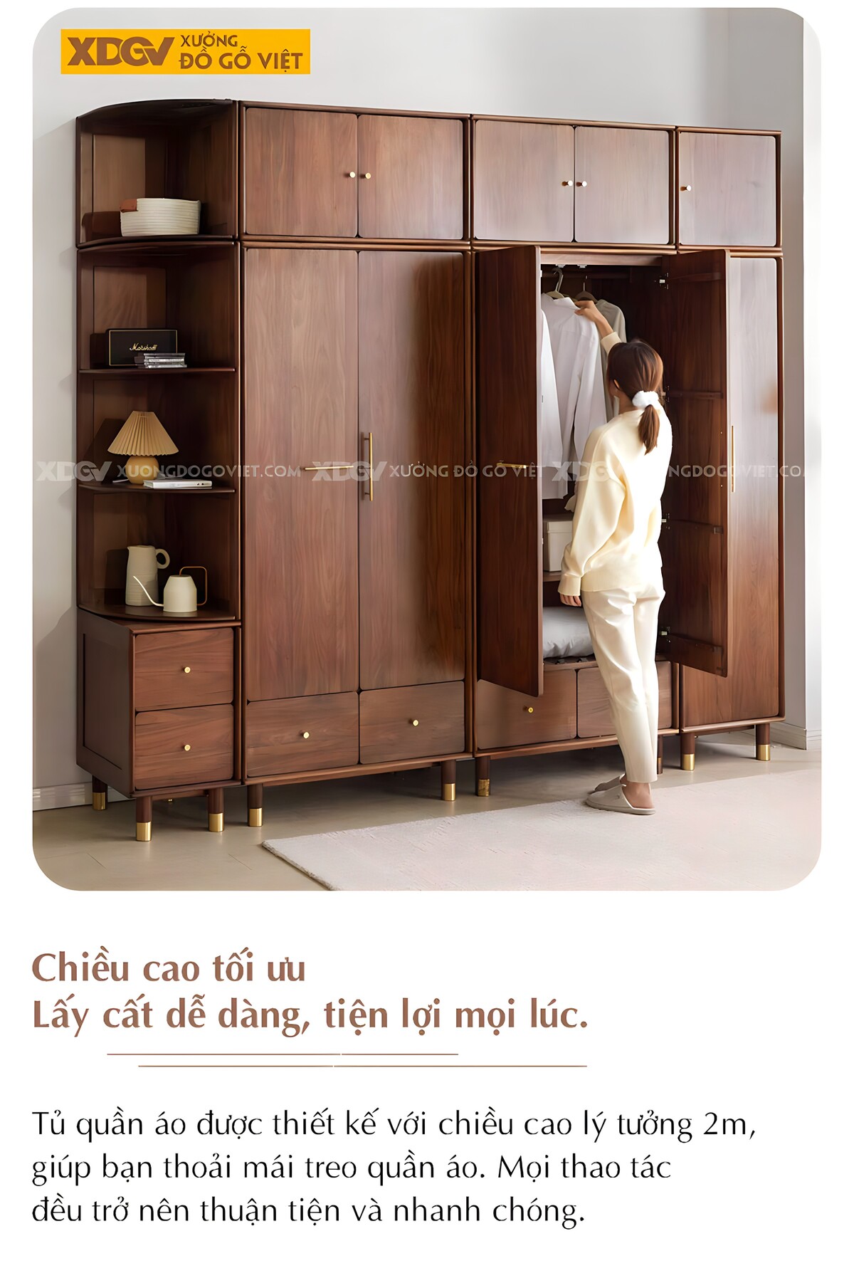 Tủ Gỗ Xoan Đào 5 Cánh Bo Góc Cạnh Chân Cao Bọc Kim Loại