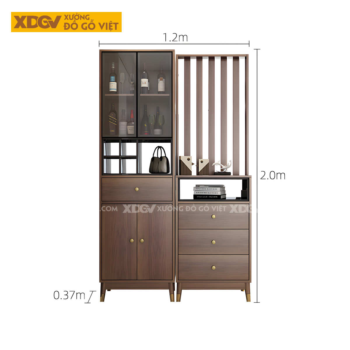 Tủ Lư Trữ Rượu Gỗ Cao Su Cánh Kính Kèm Kệ Trang Trí Đa Năng