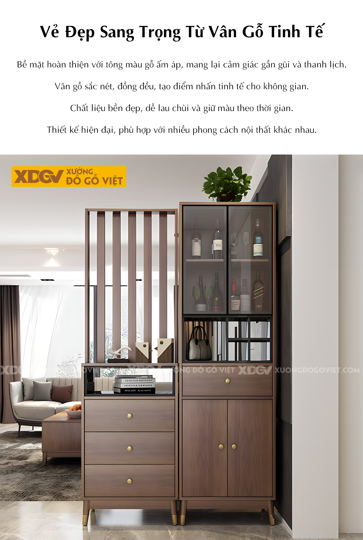 Tủ Lư Trữ Rượu Gỗ Cao Su Cánh Kính Kèm Kệ Trang Trí Đa Năng