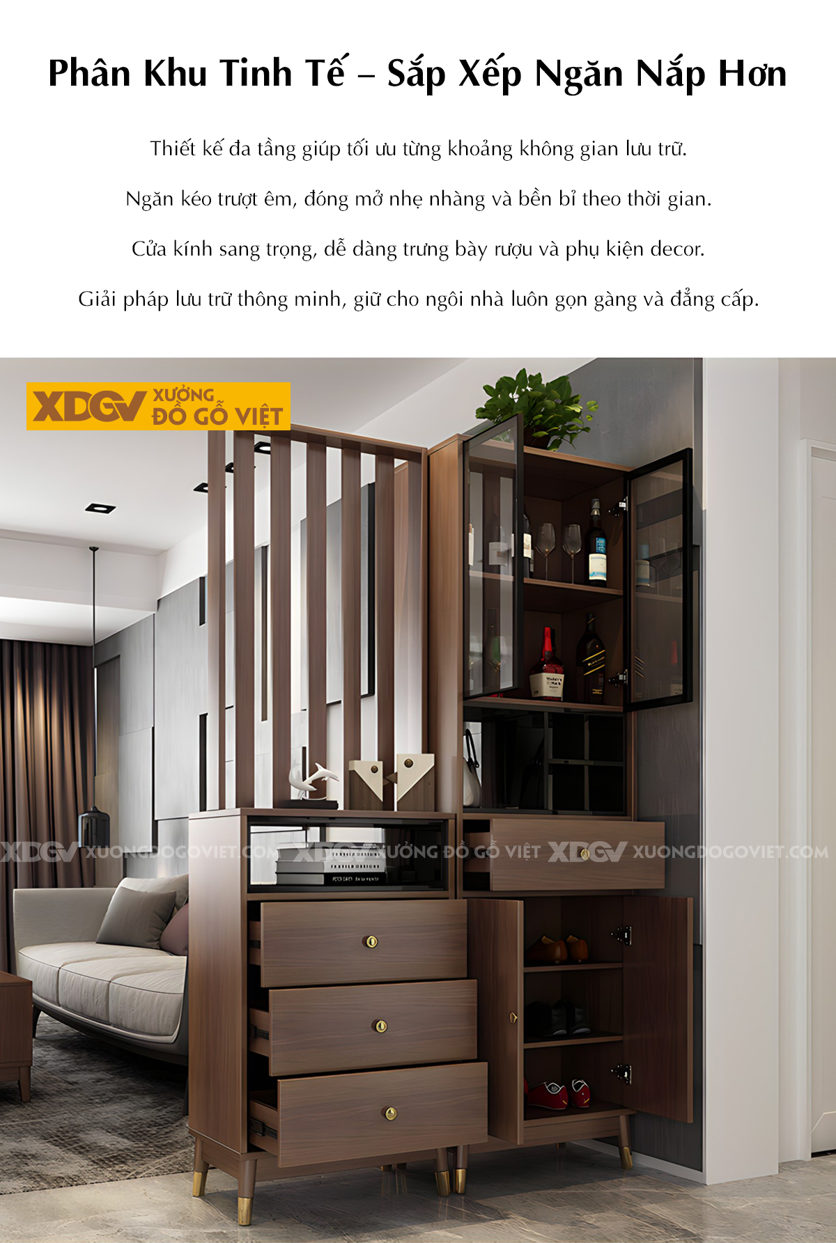 Tủ Lư Trữ Rượu Gỗ Cao Su Cánh Kính Kèm Kệ Trang Trí Đa Năng