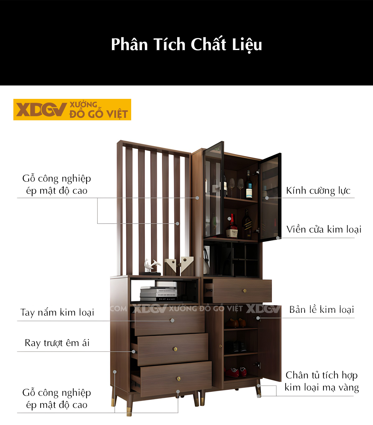 Tủ Lư Trữ Rượu Gỗ Cao Su Cánh Kính Kèm Kệ Trang Trí Đa Năng