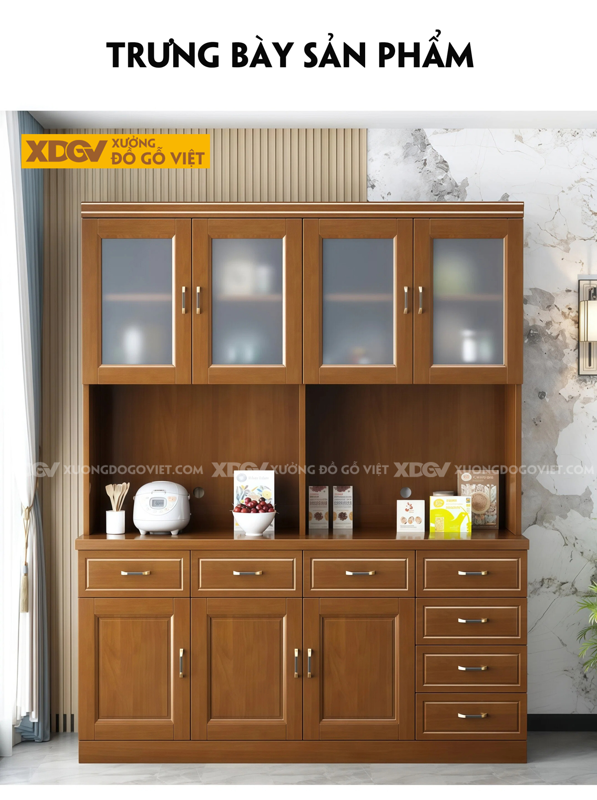 Tủ Lưu Trữ Chén Bát Phòng Bếp 3 Chân Cửa Lùa Phối Bảng Treo