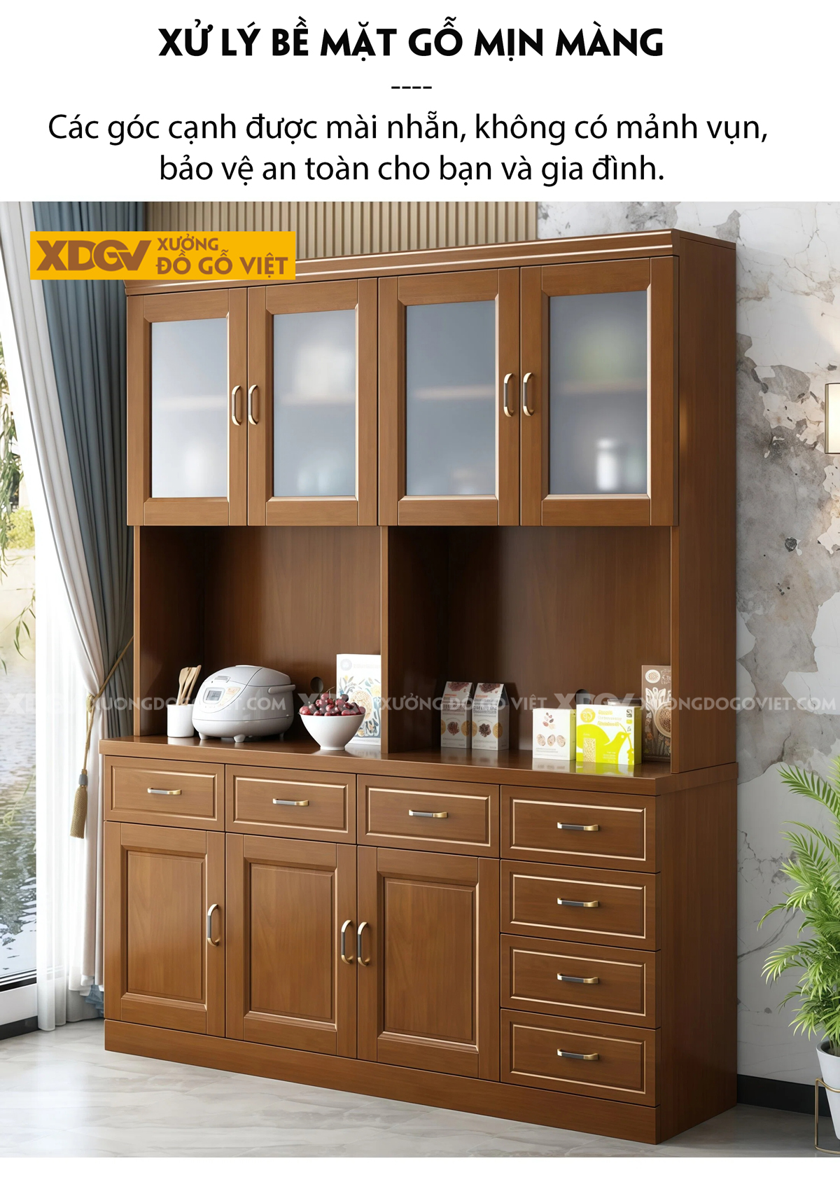 Tủ Lưu Trữ Chén Bát Phòng Bếp 3 Chân Cửa Lùa Phối Bảng Treo