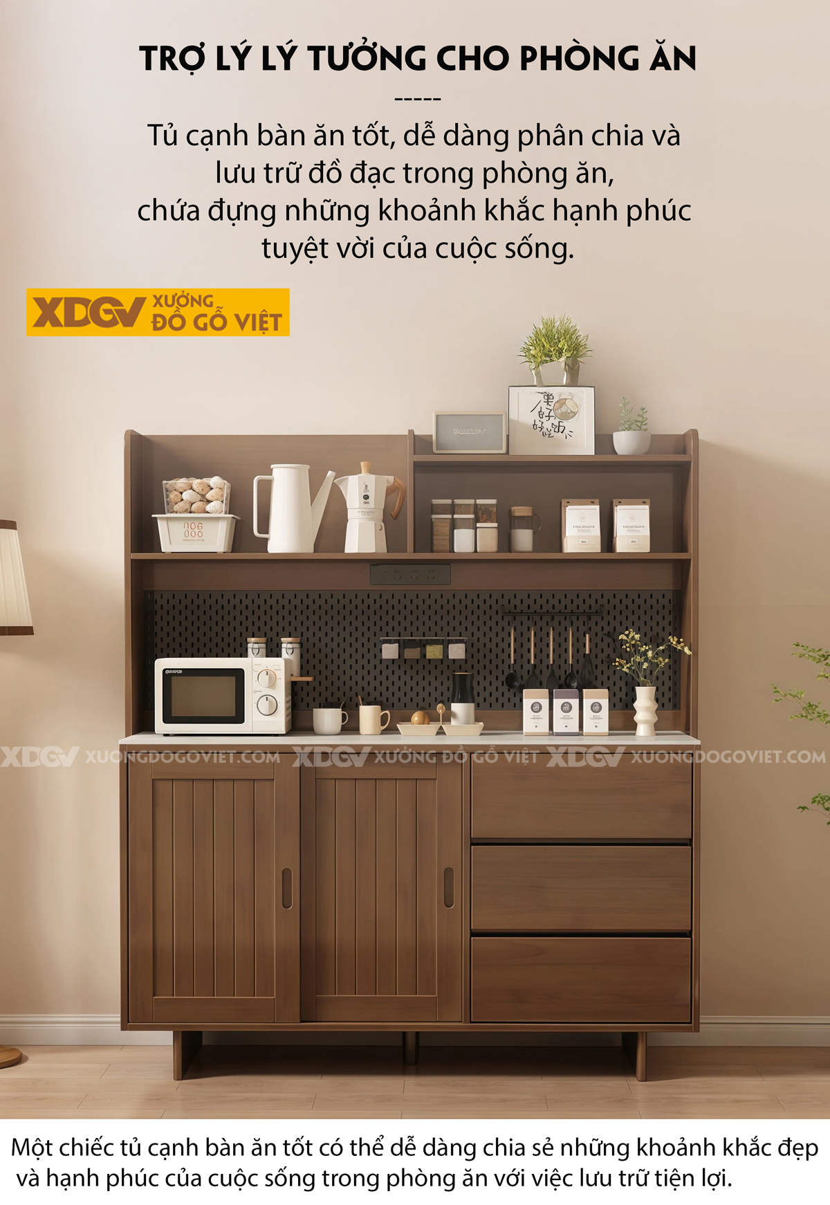 Tủ Lưu Trữ Chén Bát Phòng Bếp 3 Chân Cửa Lùa Phối Bảng Treo