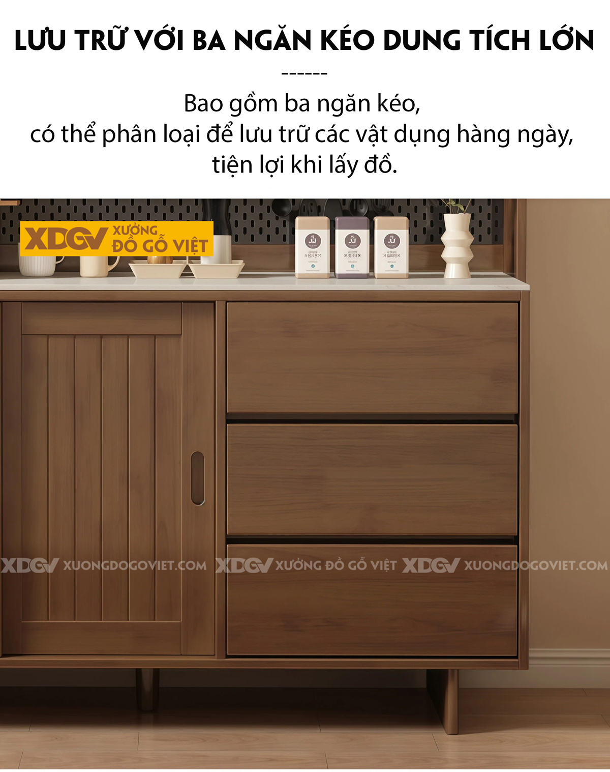 Tủ Lưu Trữ Chén Bát Phòng Bếp 3 Chân Cửa Lùa Phối Bảng Treo