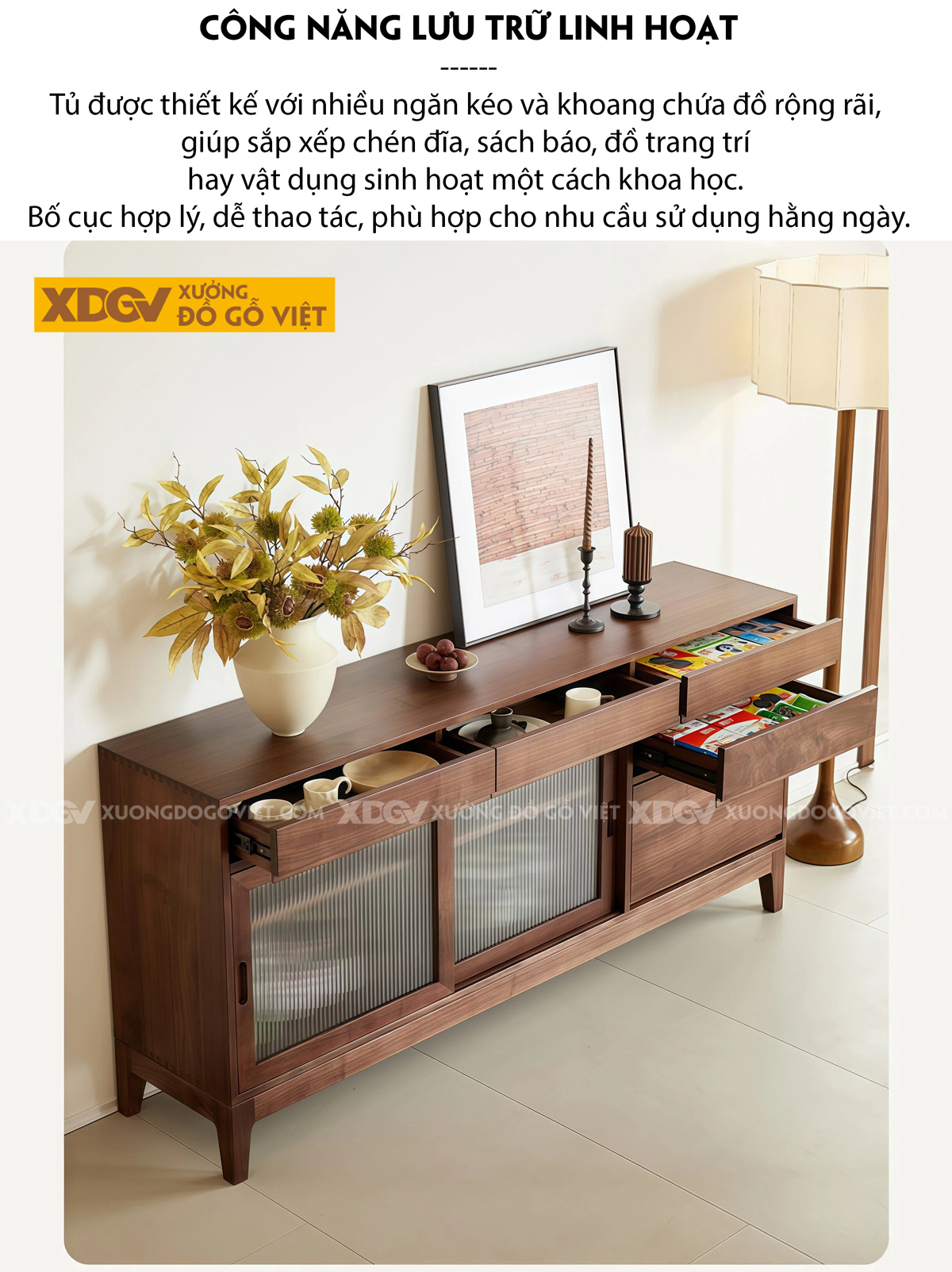 Tủ Lưu Trữ Chén Bát Veneer Sồi 3 Chân Cửa Lùa Phối Bảng Treo