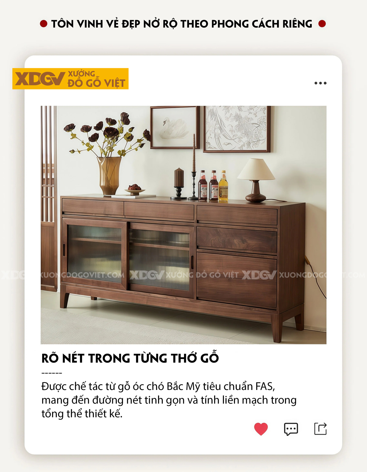 Tủ Lưu Trữ Chén Bát Veneer Sồi 3 Chân Cửa Lùa Phối Bảng Treo